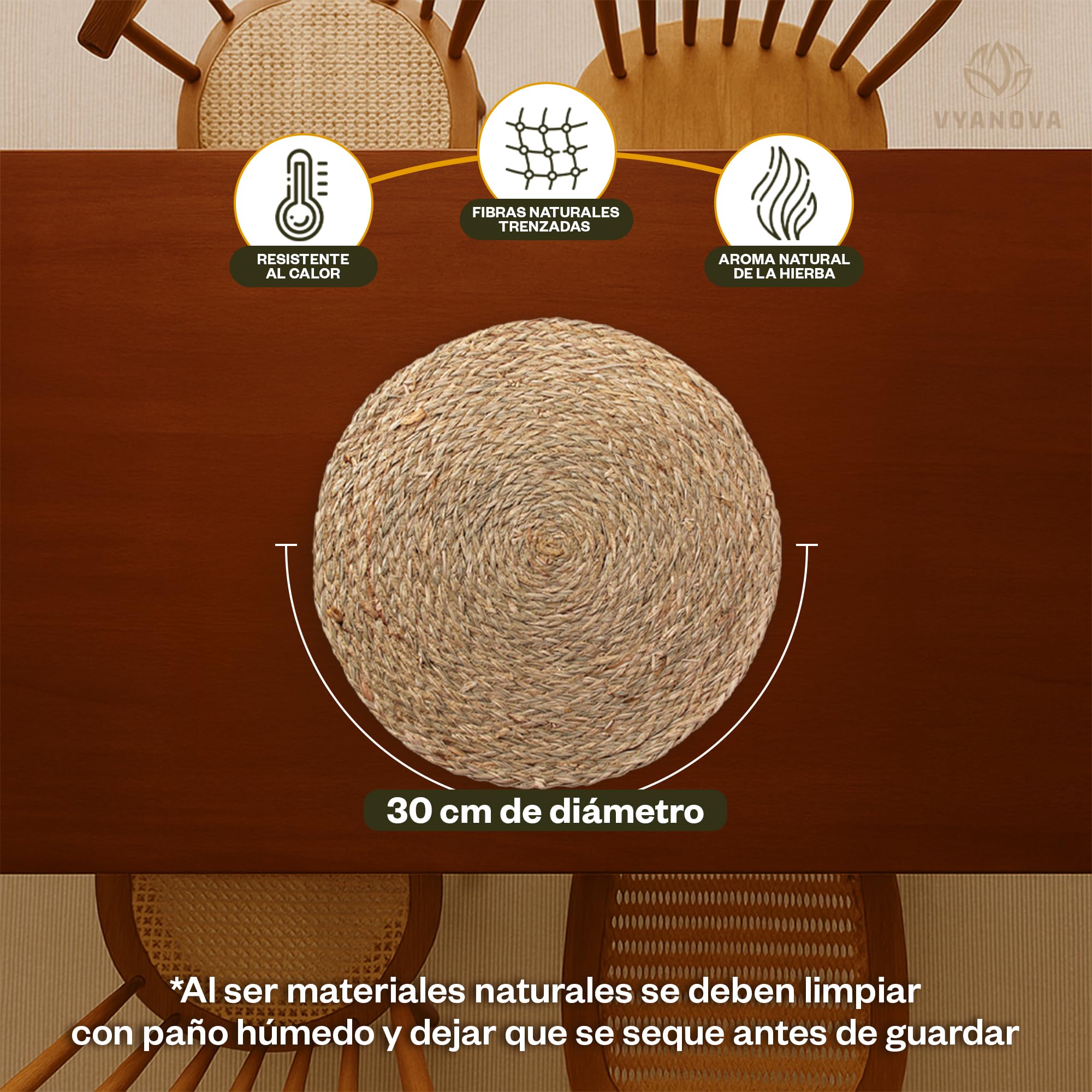 Manteles Individuales y Salvamanteles, Set de 12 Piezas, 6 Manteles Individuales 50 x 29 cm + 6 Salvamanteles Redondos 30 cm de Diámetro, Fibra Natural para Mesa de Comedor, Terraza y Jardín