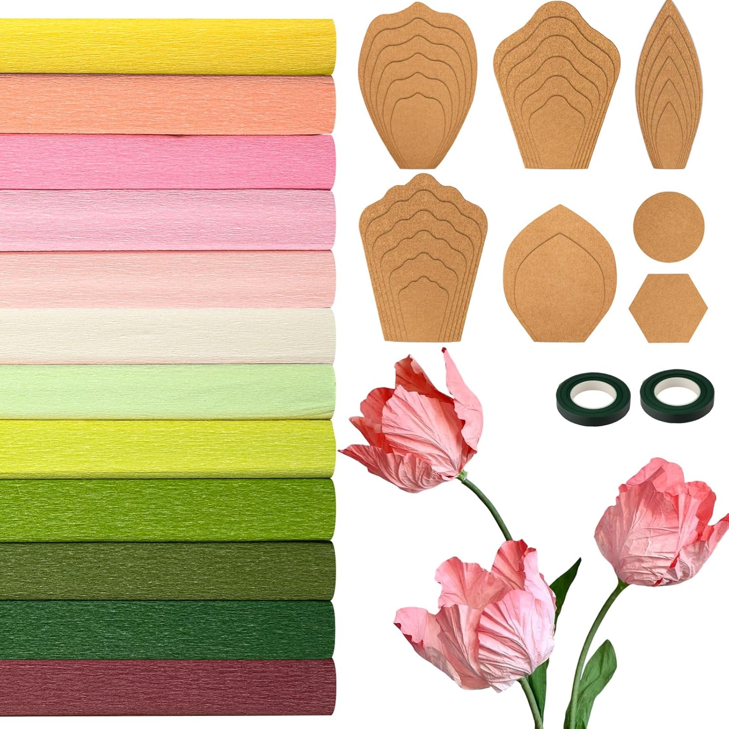 AmazingSpark 12 Colors Crepe Paper Rolls 17 x 98 Inch Wide Crepe Paper Sheets with 1 Set of Petal templates, 2 roll of Green Floral Tape, Iron Wire and Hot melt Glue Stick (Tulip Color Scheme)