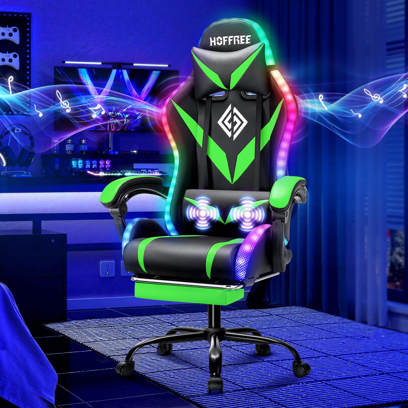 Hoffree LED Gaming Chair with Speakers RGB Lights Massage Computer Chairs-Green