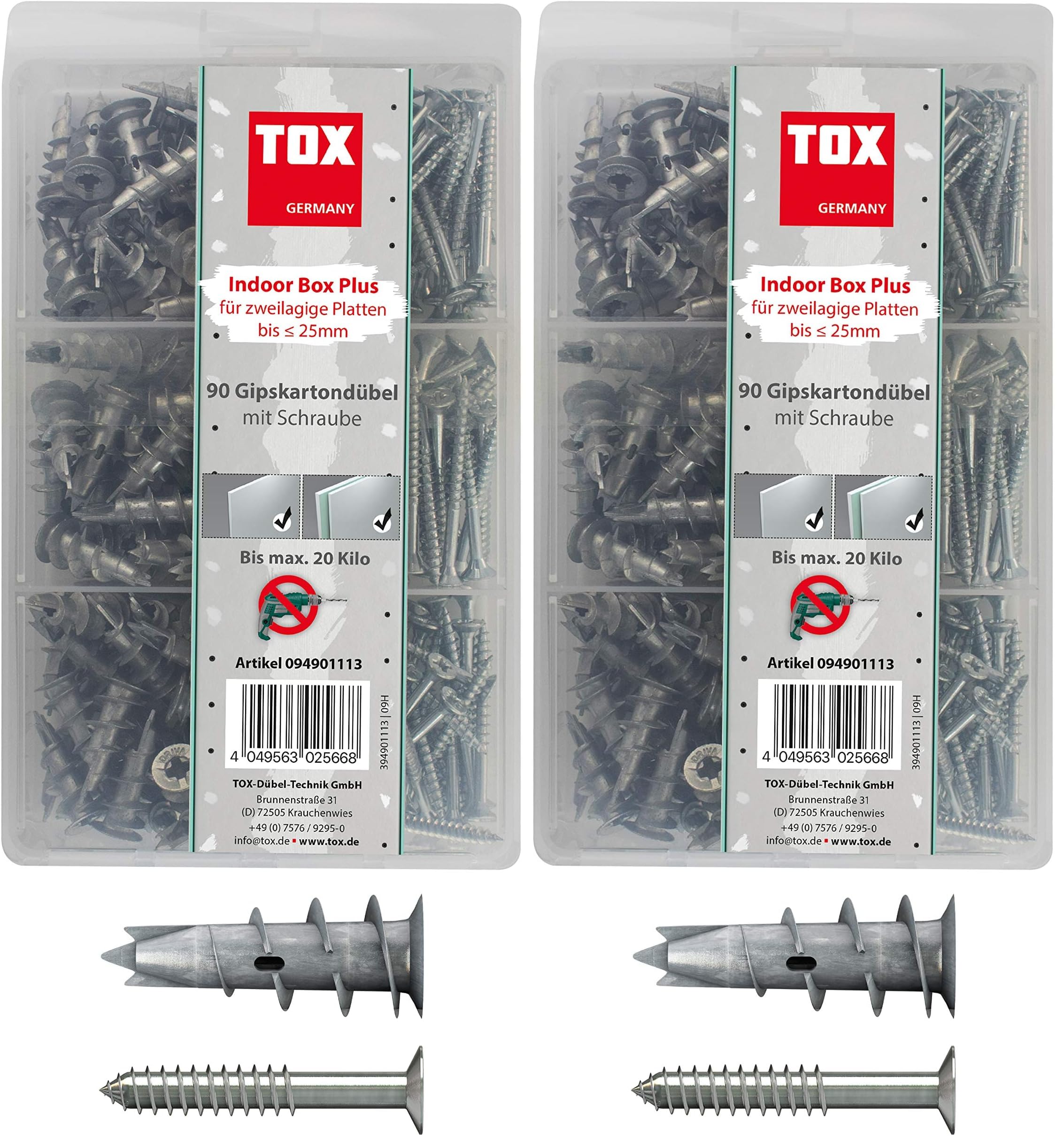 TOX Sortiment Indoor Box Plus mit Gipskartondübel Spiral Plus 37-4 + Schraube, Dübellänge 32 mm, Dübelsortiment für ein- und zweilagige Gipskartonplatten und Gipsfaserplatten, 180-tlg., 094901113