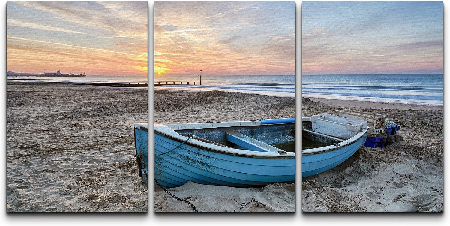 Amazon.com: wall26 Canvas Print Wall Art Set Fishing Boat on Beach Sand ...