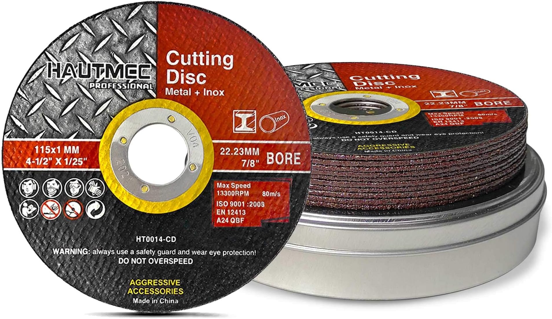 Expert-Grade Metal Cutting Discs 115 X 1.0 X 22.23mm, 10 Pack Cut-Off Wheels with Premium Aluminium Oxide Abrasive, Portable Tin Box, MPA Certified, Aggressive Ultra Thin Design - HT0014