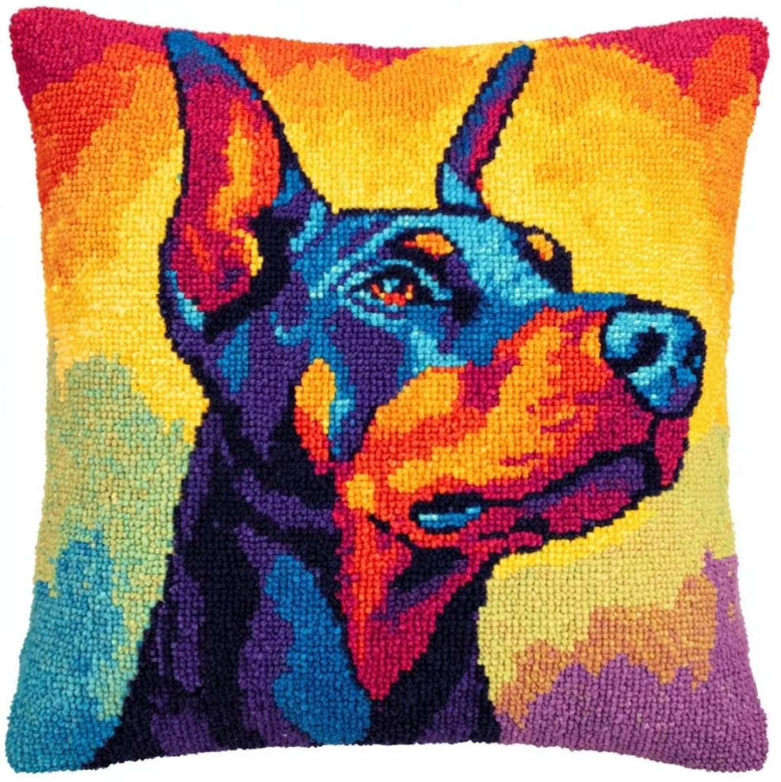 AxiangziK Latch Hook Pillow Kits with Yarn,Doberman Pinscher Animal Dog Complete DIY Cushion Making Craft Kits,43x43cm Latch Hook Adult Craft Kits for Women