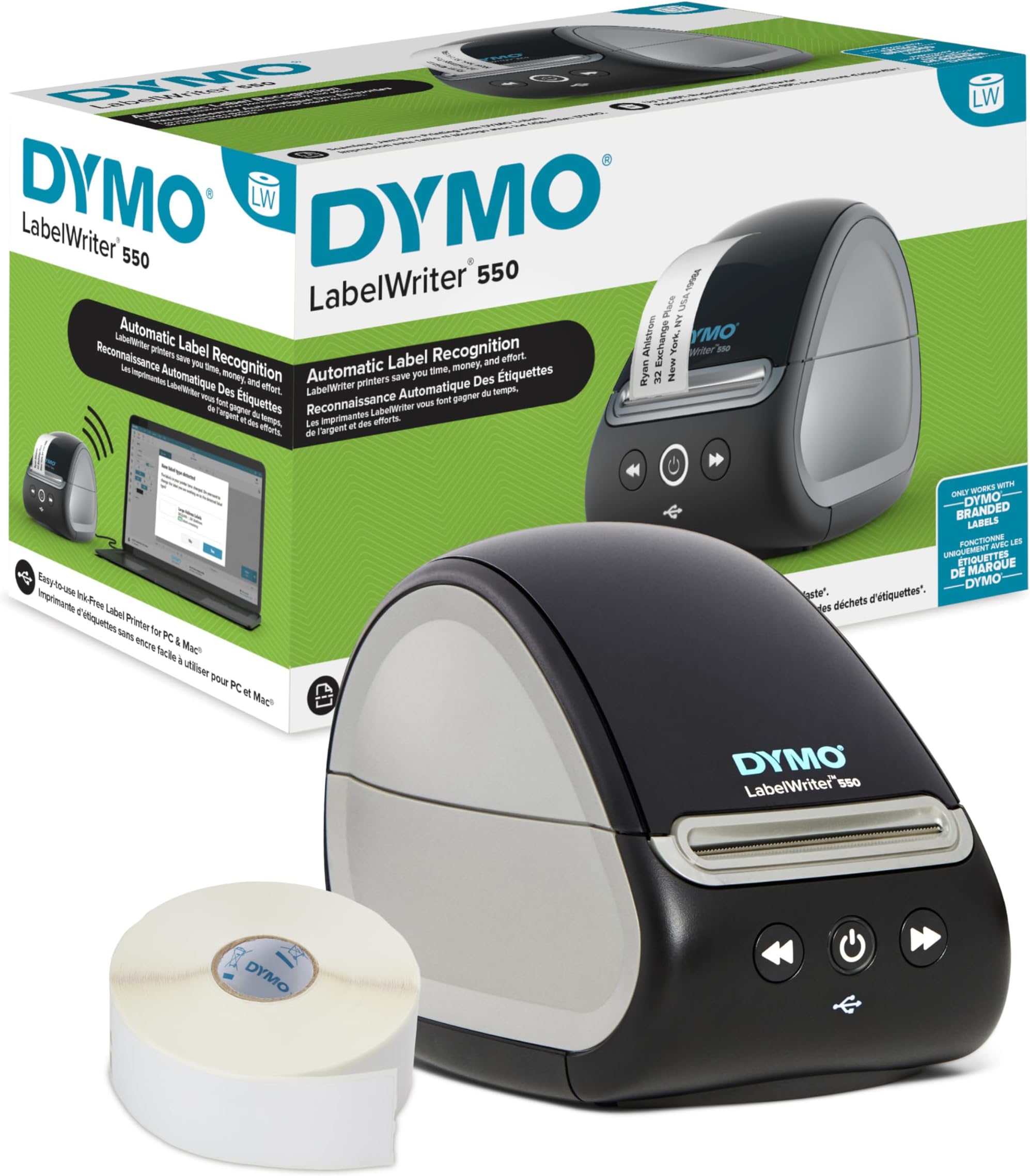 DYMO Labelwriter 550 Direct Thermal Label Printer, USB Connectivity - 62 Labels Per Minute, Auto Label Recognition, Label Maker For Address, Shipping, File, Folder, Barcode Label,White