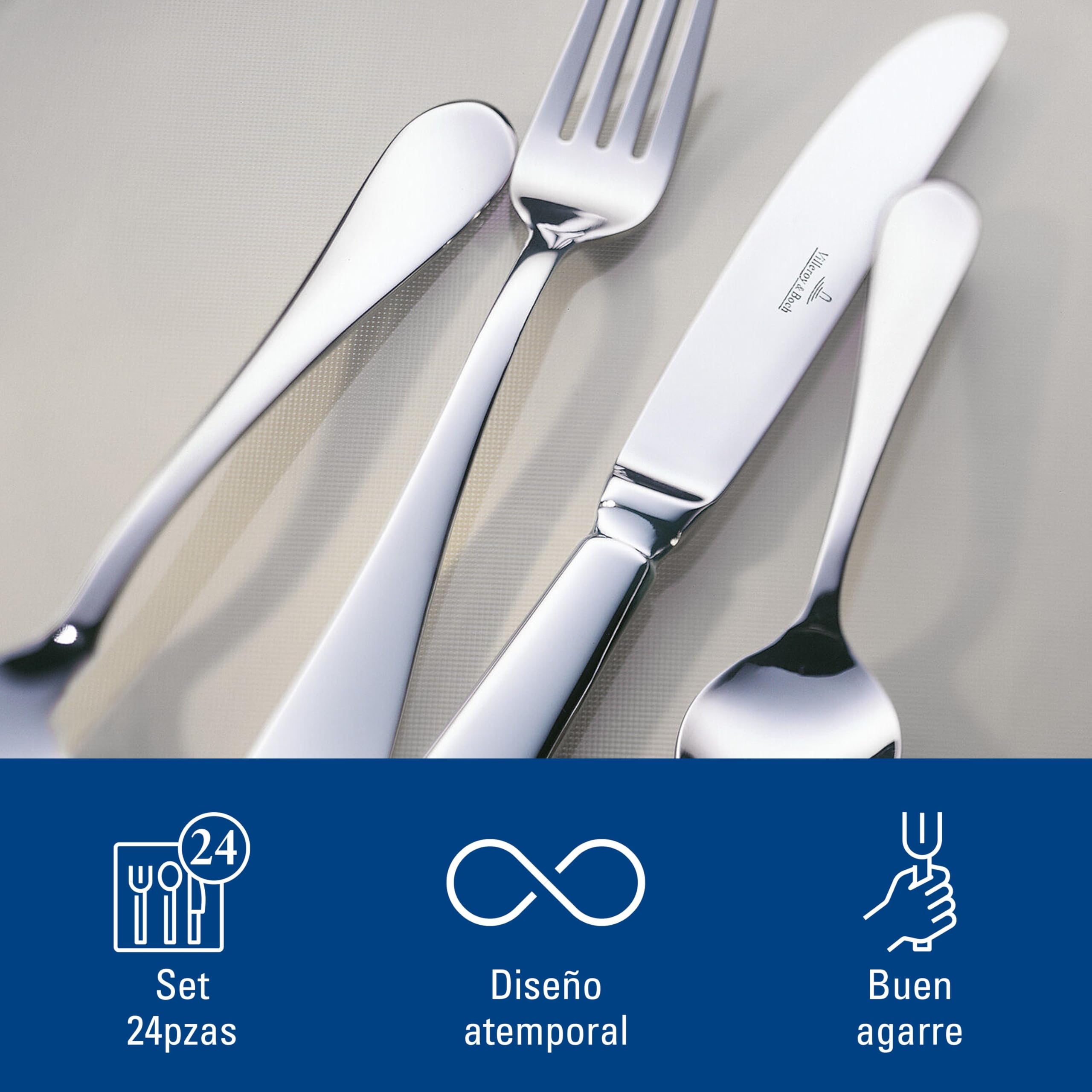 Villeroy & Boch - Oscar Set de Cubiertos, 24 Piezas Plata, Apto para Lavavajillas, Cubertería 6 Personas, Set Cubierto Platino, Acero Inoxidable