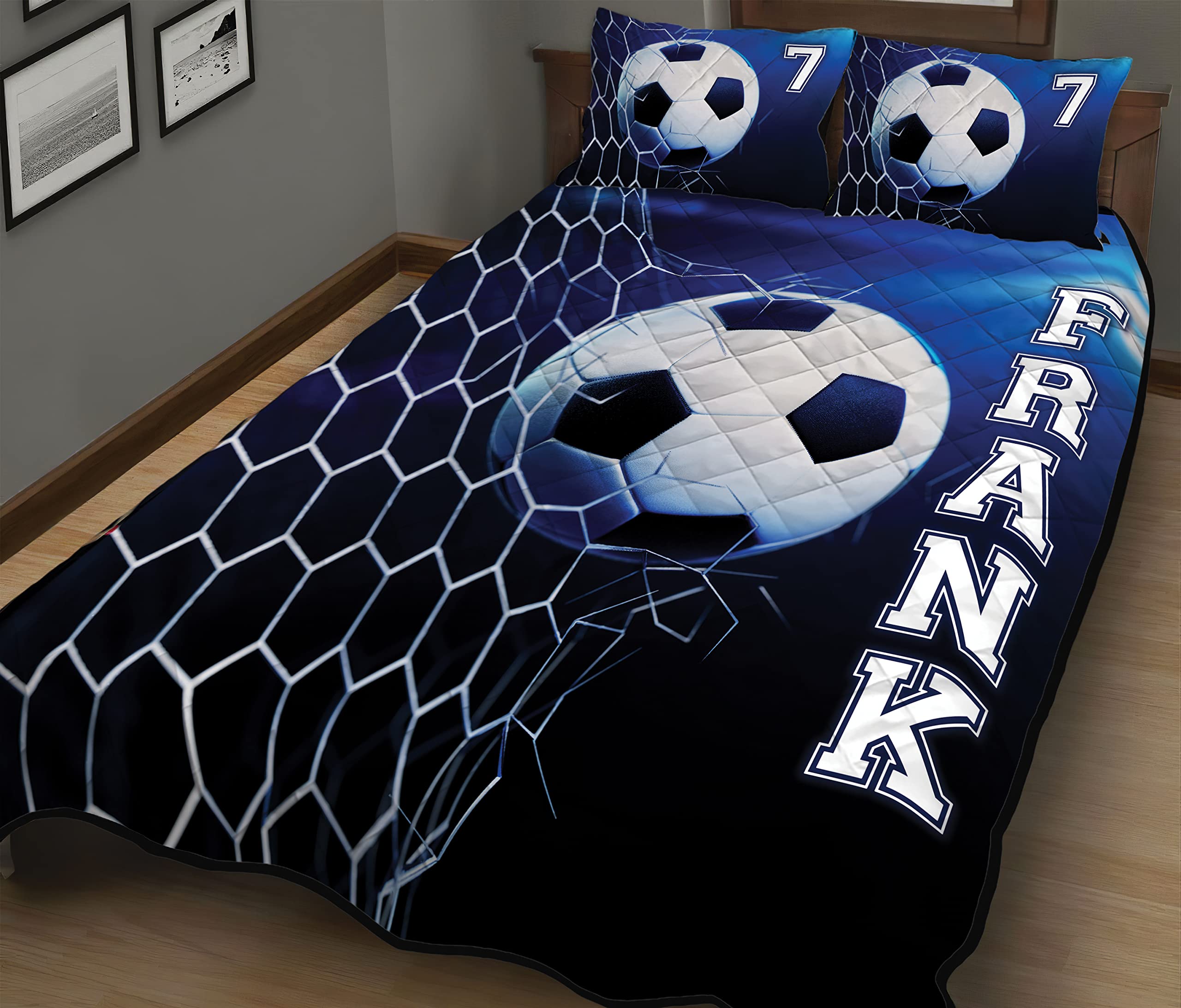 ENCYCOM Custom Soccer Quilt Twin Size, Break The Goal with Your Name Quilt Set, Soccer Quilt Queen Bedding Set, Birthday Gift for Boys Room Decor, Sport Lovers Gift