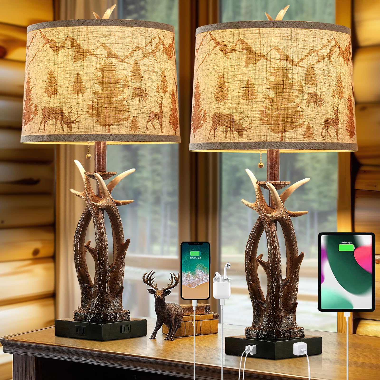 Photo 1 of Farmhouse Deer Antler Table Lamps Set of 2 Rustic Western Bedside Lamp with USB A+C & Outlet for Log Cabin Bedroom Hunting Themed Living Room End Table Country Home decor,Deer Print Linen Fabric Shade