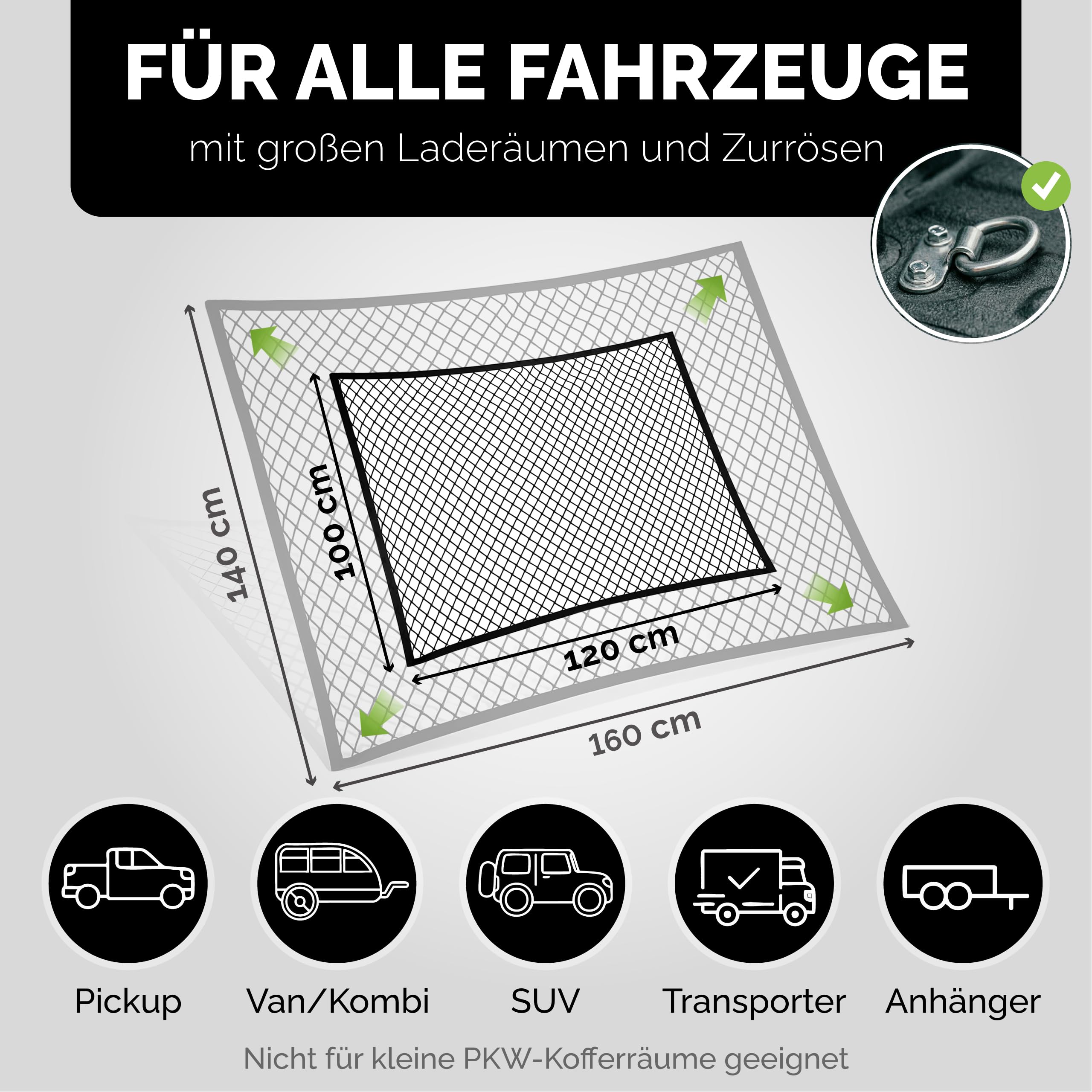 Vicera Gepäcknetz Kofferraum Netz 120x100 cm mit 4 Spanngurten • Kofferraumnetz fürs große SUVs, Transporter, Busse, Vans • Gepäcknetz Auto Ladungssicherung mit Zurrgurten für den Kofferraum