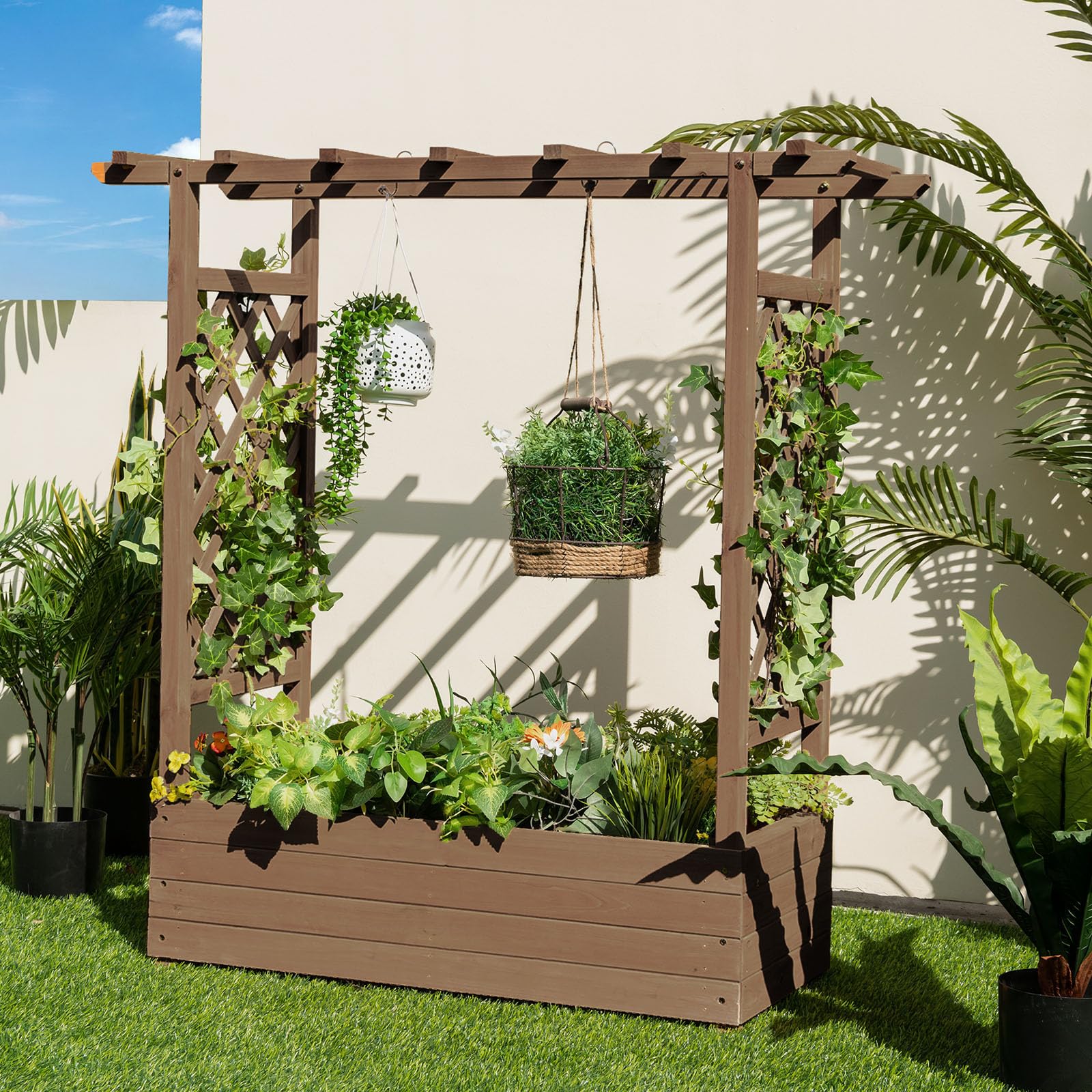 HOMASIS Fioriera da Esterno con 2 Grigliati e Tettuccio, Fioriera con Spalliera in Legno, Vasi per Piante da Esterno per Piante Rampicanti da Balcone (Marrone, 100 x 44 x 113,5 cm)