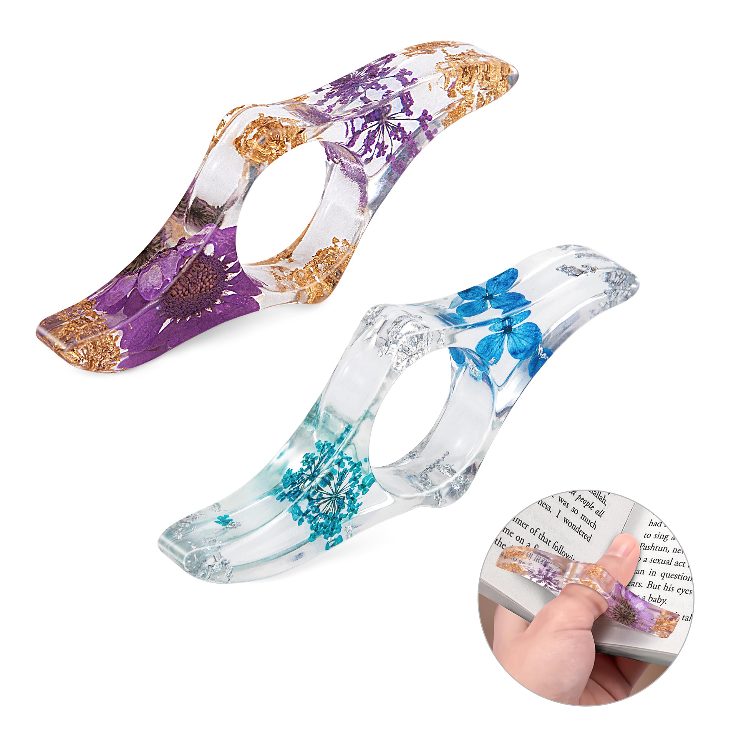Newellsail Soporte de Página de Libro Marcapáginas de Flores Secas de Resina Hechas a Mano Anillo de Lectura para Pulgar 2 Piezas (Azul y Morado)