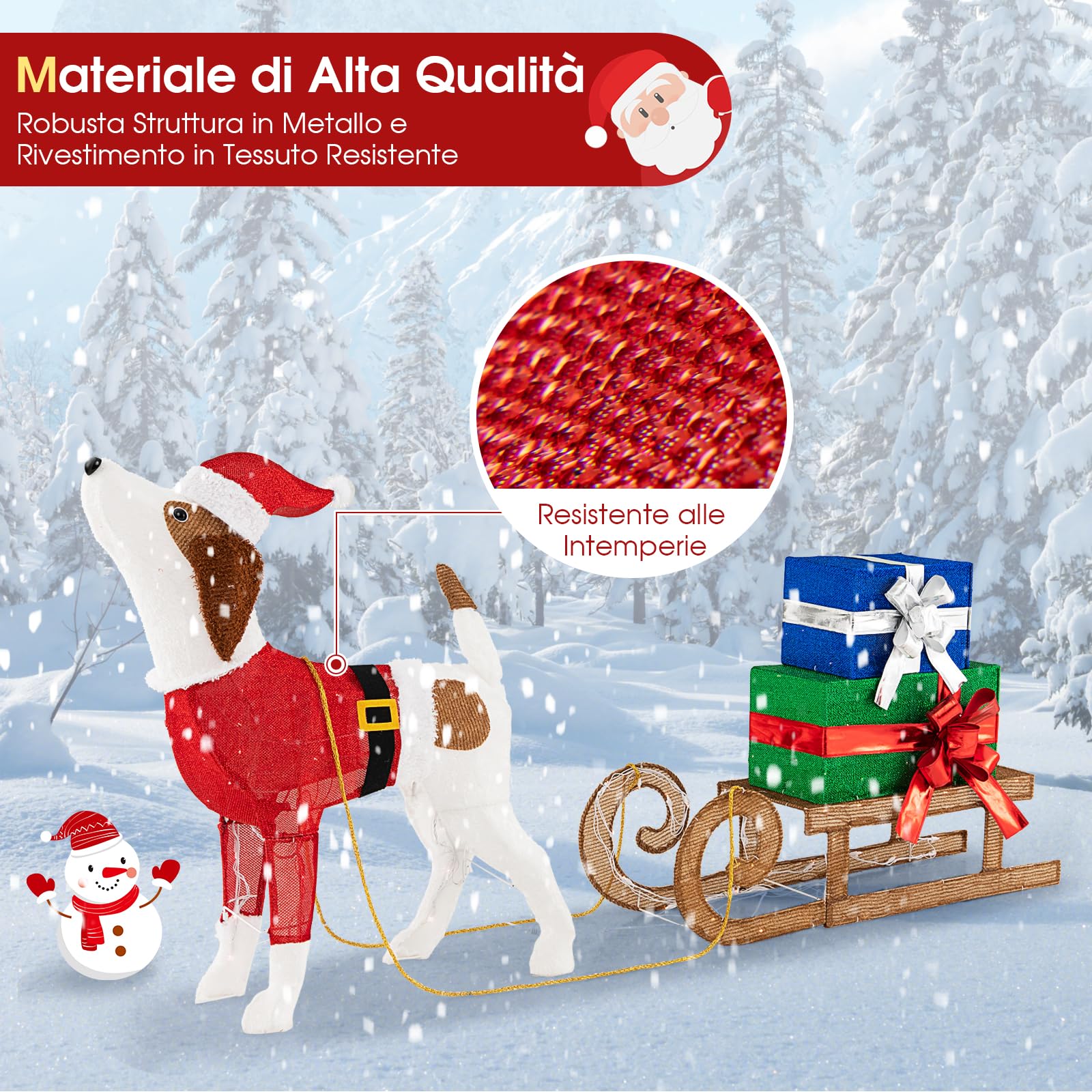 COSTWAY Decorazioni Natalizie Illuminate di Cane e Slitta, Luci Natalizie a Forma di Cane da Esterno Interno, Decorazione Natalizia Festosa con 170 Luci LED per Giardino e il Cortile