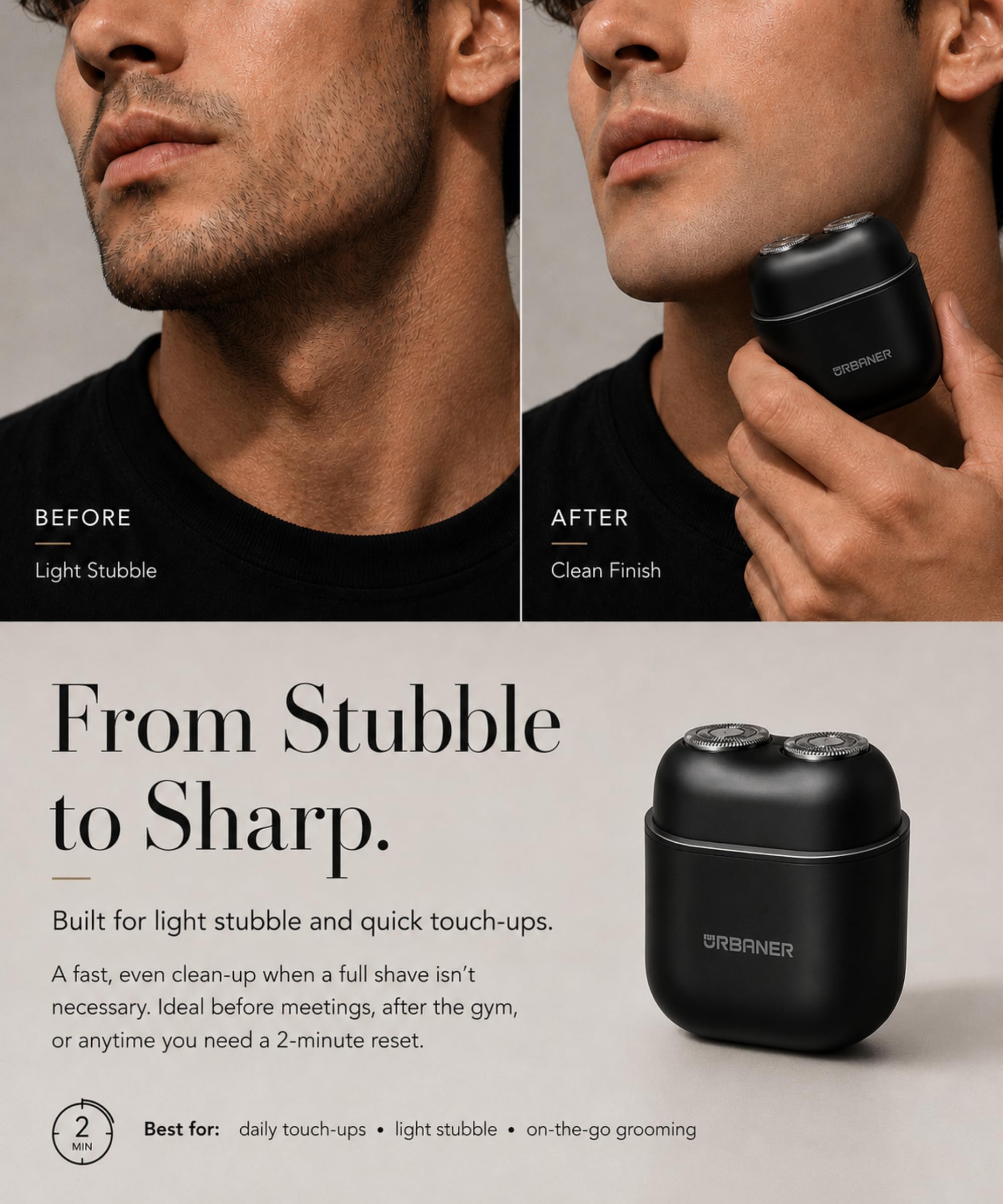 URBANER Mini rasoio, rasoio portatile da uomo, rasoio da viaggio da uomo, mini rasoio elettrico, doppia testa rotante, testa magnetica, impermeabile IPX6, ricaricabile USB-C, 85 g, nero opaco