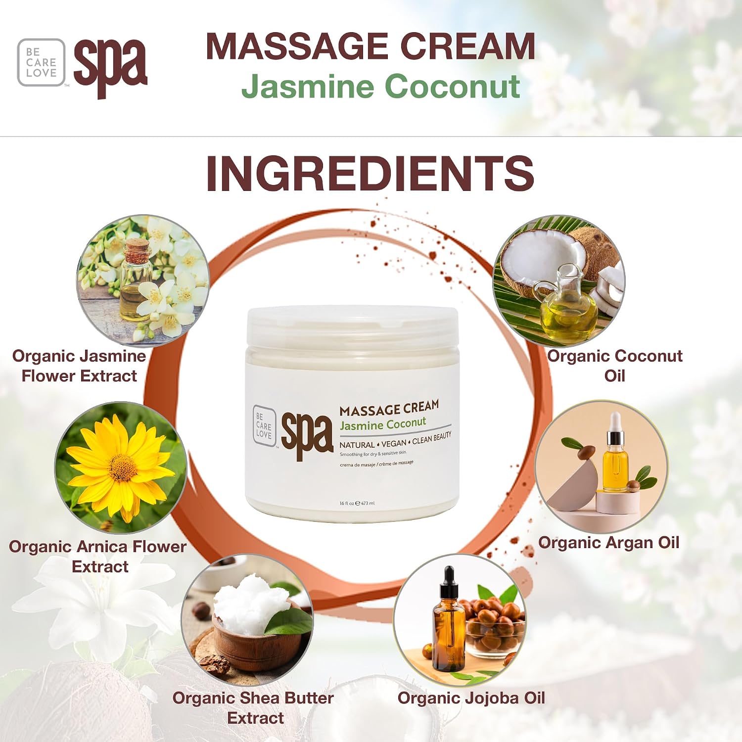 BCL SPA Massage Cream organic Jasmine + Coconut body lotion with rice extract, shea butter, aloe vera, argan and jojoba oils, body cream to hydrate, soften and soothe the skin. Home/Pro use 16 fl oz