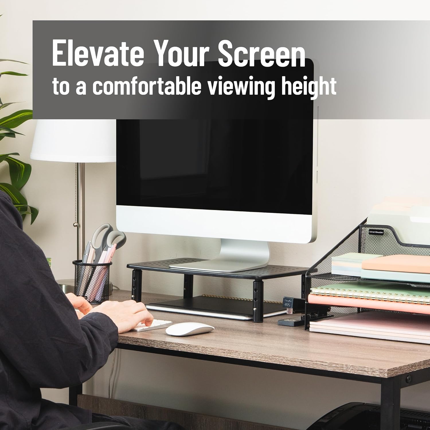 Mind Reader Monitor Stand, Height Adjustable, Ventilated Laptop Riser, Office, Metal, 36.8L x 23.5W x 14H cm, Black - Image 2