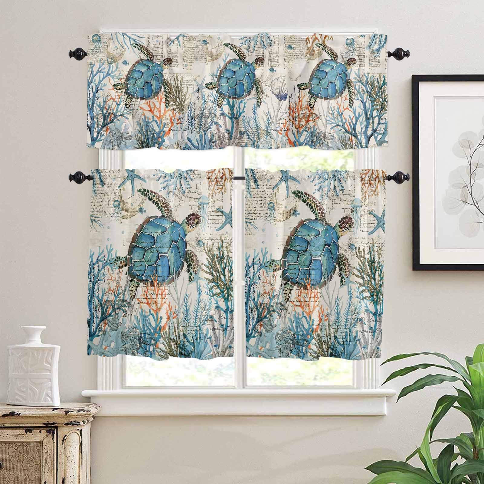 Ocean Turtle Kitchen Curtains 24 Inch Length, 3 Piece Rod Pocket Small Half Tiers and Valance Set, Coastal Nautical Coral Starfish Blue Small Large Window Treatment Decor for Bedroom/Bathroom Sink