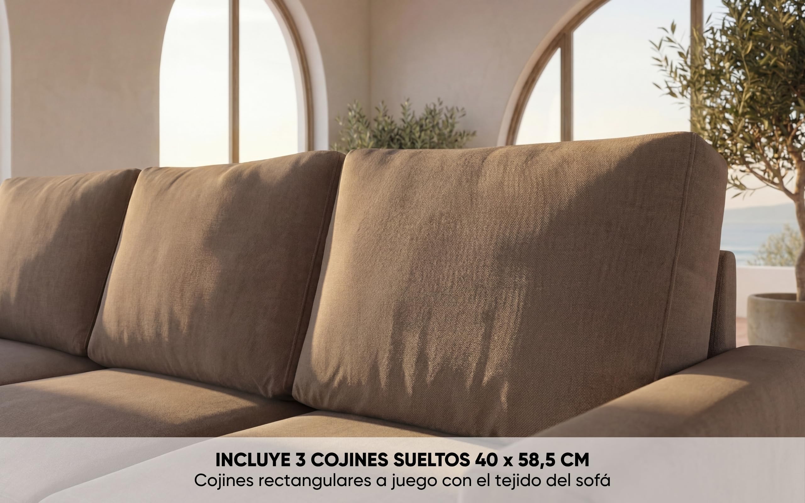 BUDWING Fox Sofá de Salón 3 Plazas - Chaise Longue Esquinero Reversible Izquierda o Derecha – Tapizado en Tela – Taupe