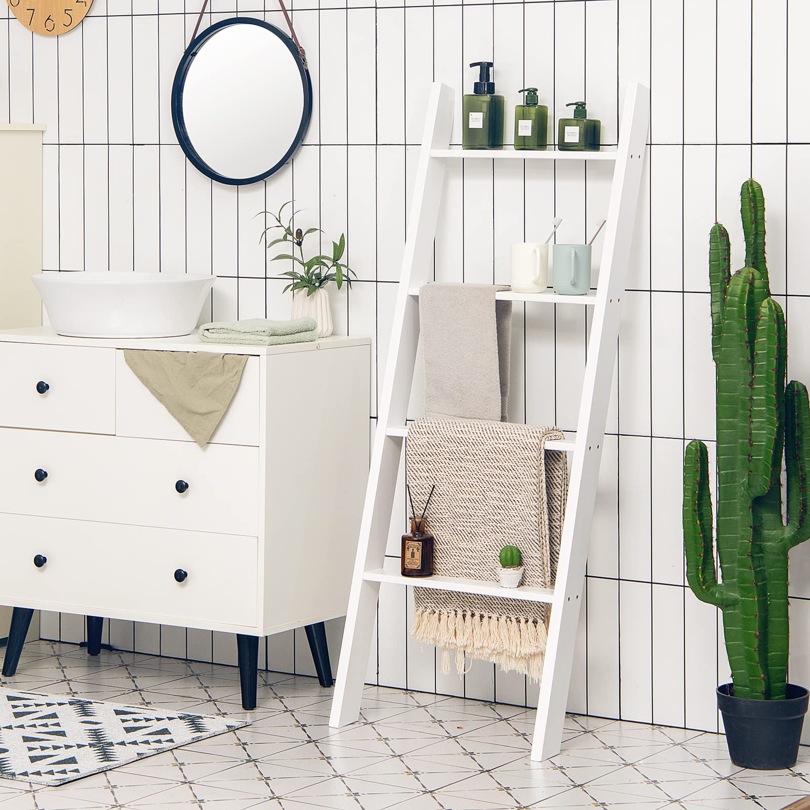 COSTWAY Scaffale di Stoccaggio in Legno di Pino, Porta Asciugamani a 4 Livelli per Bagno, Porta Salviette, Multiuso per Bagno Soggiorno (Bianco, 51 x 8 x 137 cm)