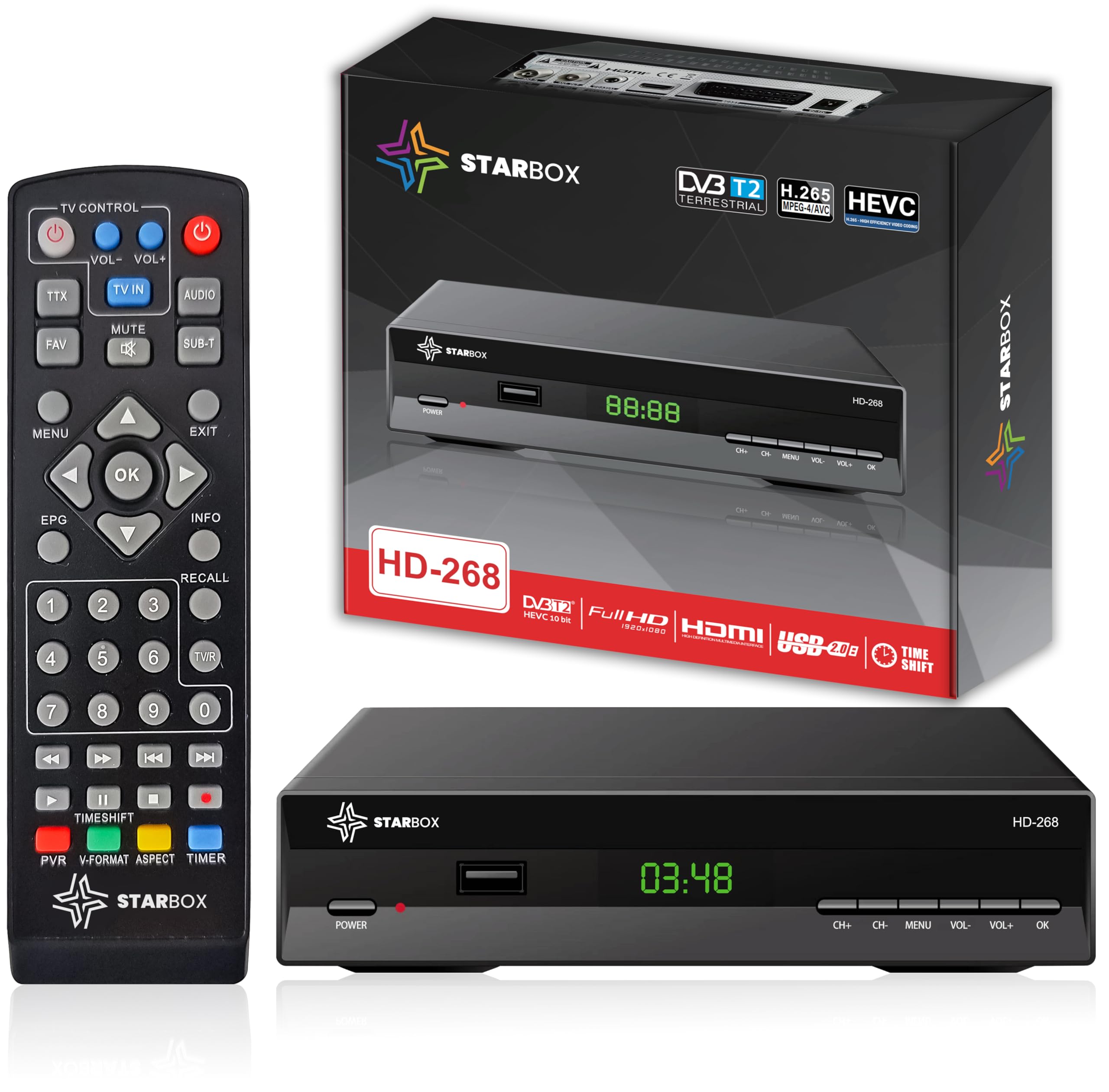 Décodeur TNT HD STAR BOX HD-268 DVB-T2 DVB-C Réception de qualité, chaînes gratuites H.265,Full HD 1080p Terrestre USB, HDMI, péritel, télécommande Universelle 2 en 1