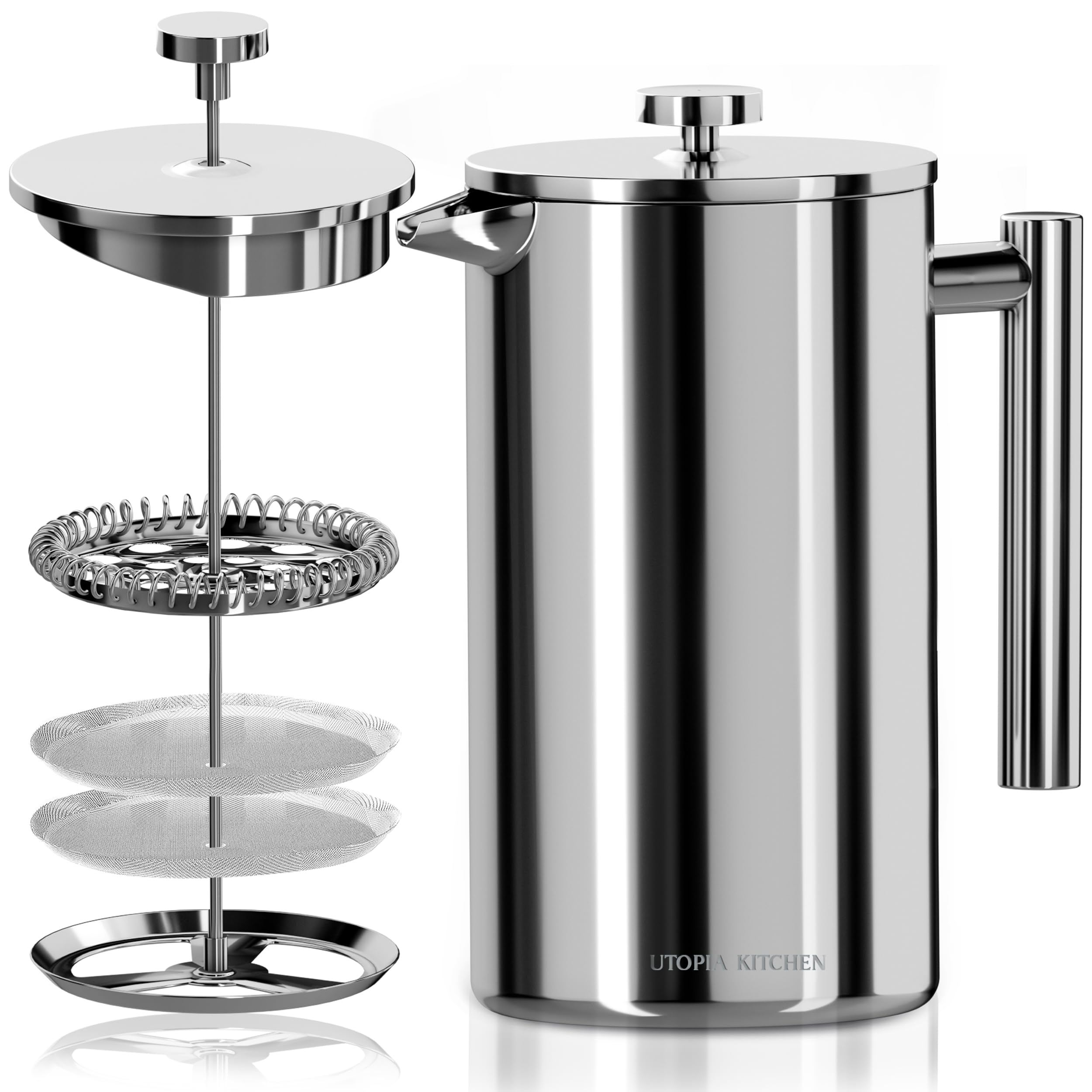 Utopia Kitchen Stainless Steel French Press Coffee Maker 50 Oz, French Press Tea Maker, Cold Brew Portable Travel Coffee Presses, Tea Press Gifts Silver
