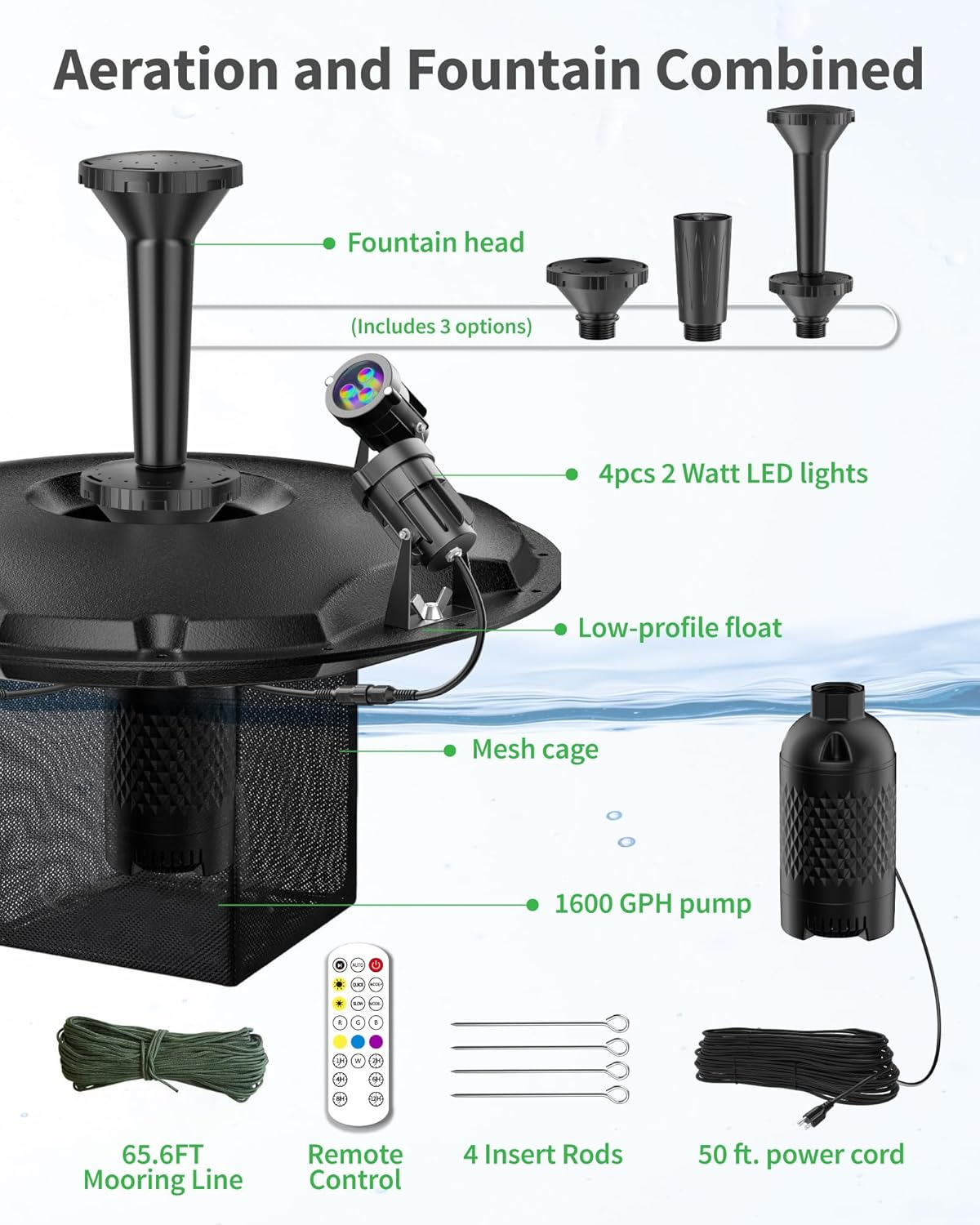 POPOSOAP Floating Pond Fountain With LED Lights, Pond Fountain Aerator Complete Kit with 1600GPH Water Pump 50FT Power Cord, 3 Spray Styles for Ponds, Pool, Lakes & Water Gardens P155