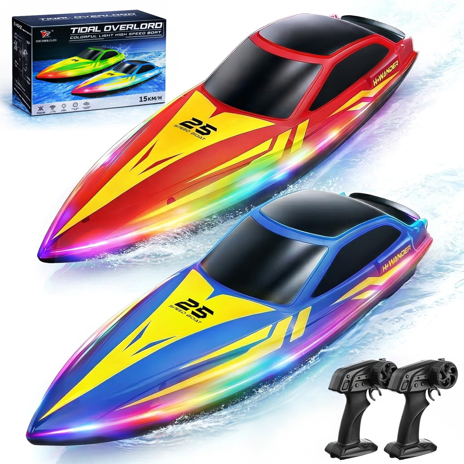 YESHIN Bateau RC Pack 2 PCS avec LED, 15 km/h Bateau à Télécommande Adapté Aux Piscines et Aux Lacs, Télécommande 2,4 GHz, Flip Automatique, Niveau de Batterie et Téléalarme, pour Enfants et Adultes