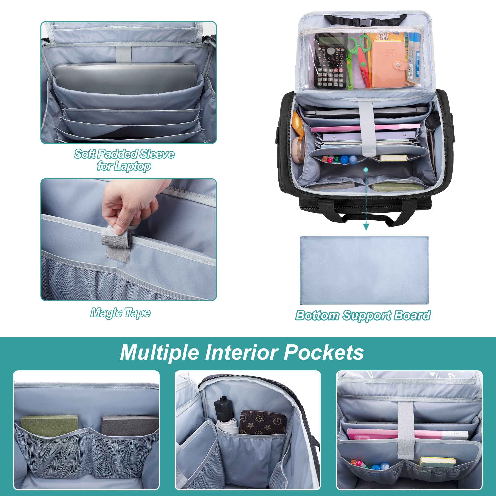 CURMIO Bolsa de Profesora con Ruedas, Bolso Trolley para Maestra con Organizador de Archivos Expandible, Negra (Diseño Patentado)