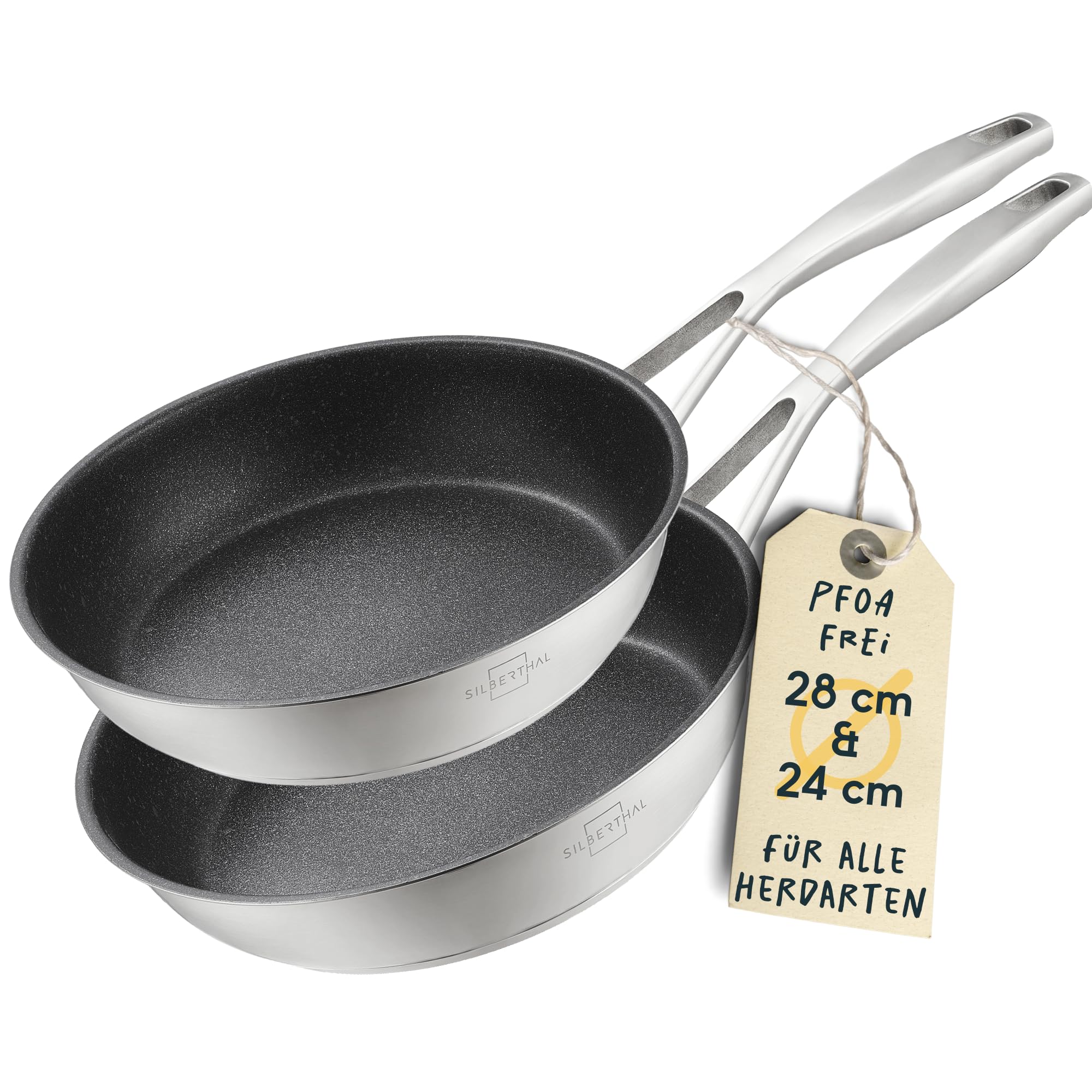 SILBERTHAL Set of 2 Frying Pans - Induction - 28 cm - 24 cm - Stainless Steel - Coated