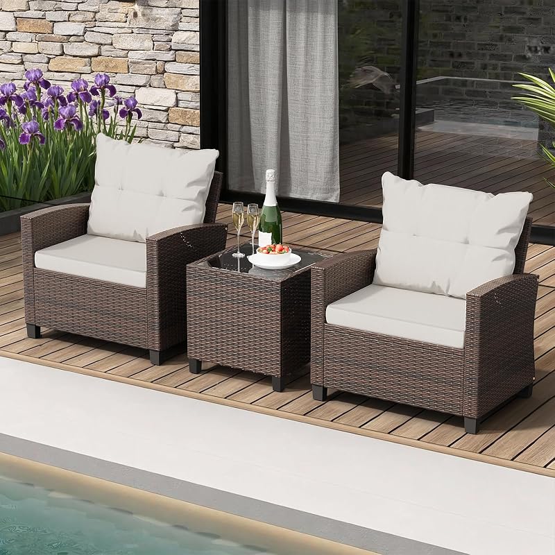 Shintenchi 3 Pieces Patio Furniture Set, PE Rattan Wicker 3 Pcs Patio Set, Outdoor Furniture Set with Two Outdoor Chairs and Table, Conversation Set for Garden, Poolside, Balcony, and Porch(Beige) image 7