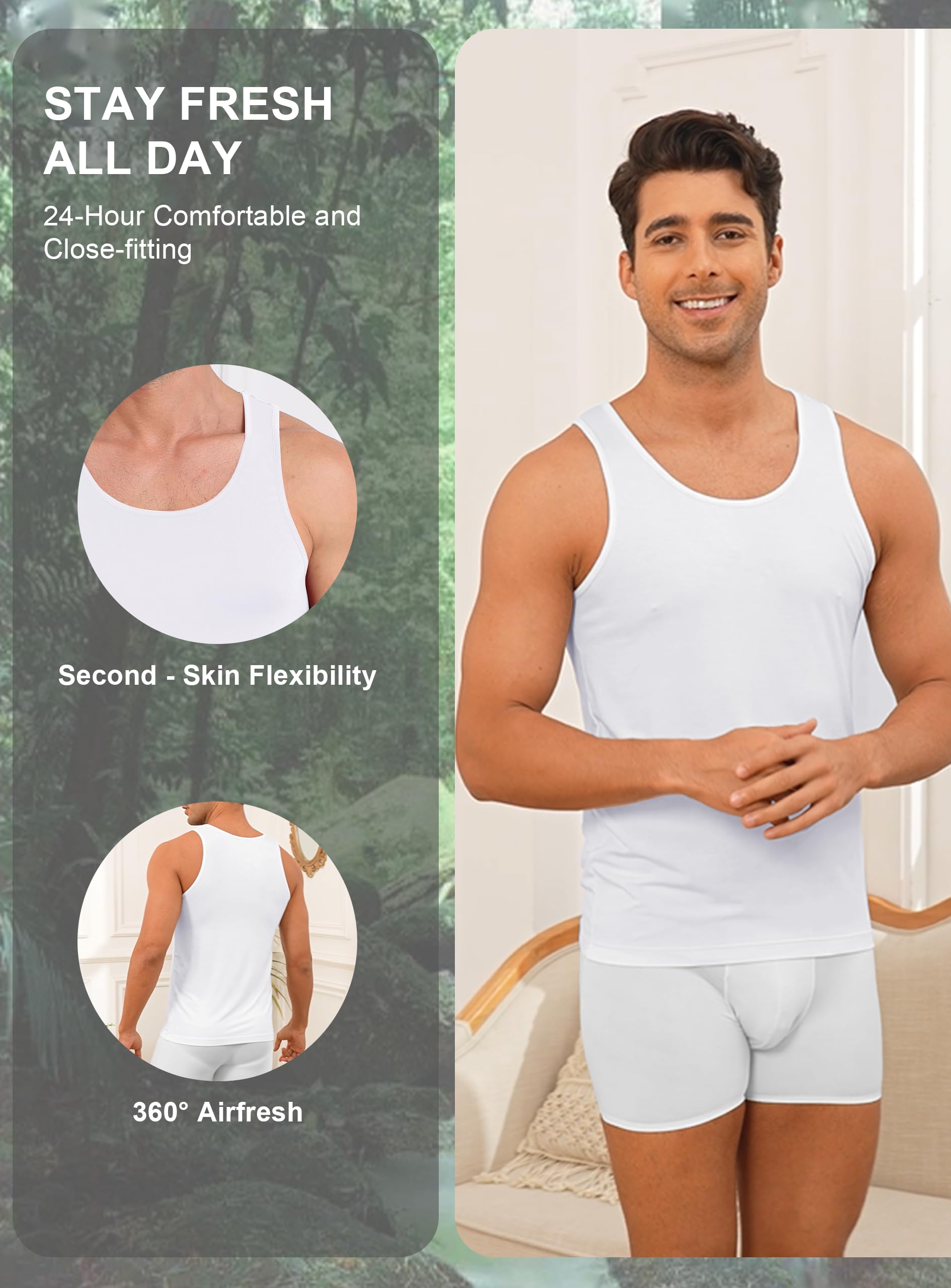 COLORFULLEAF Camisetas sin mangas de rayón de bambú para hombre, cuello redondo, elásticas, paquete (1 o 3)