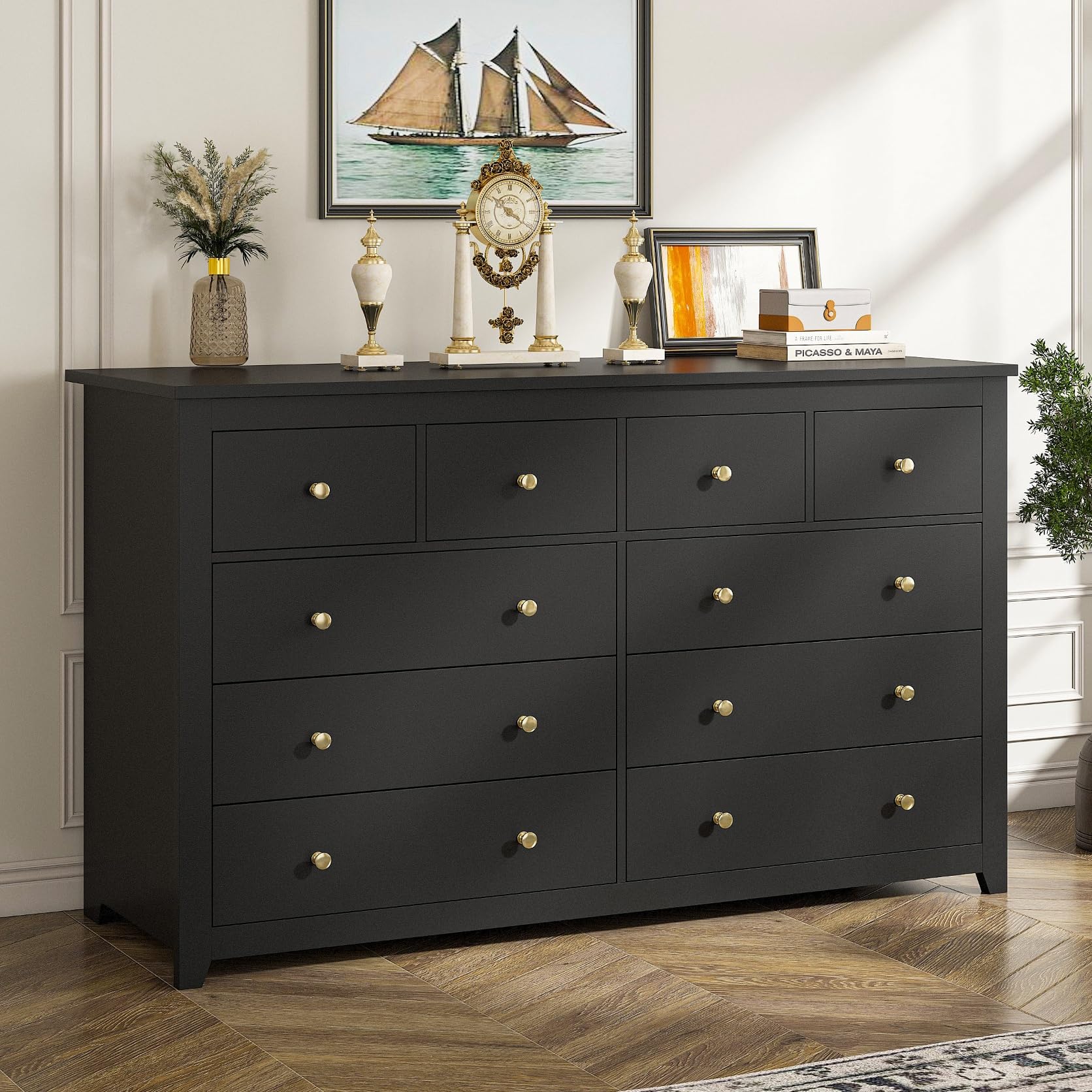 EnHomee Dresser, Dresser for Bedroom with 10 Drawers Black Dresser with Smooth Metal Rail Wood Dressers & Chests of Drawers Modern Wide Dresser for Bedroom, 52.2W*15.8" D*35.8" H