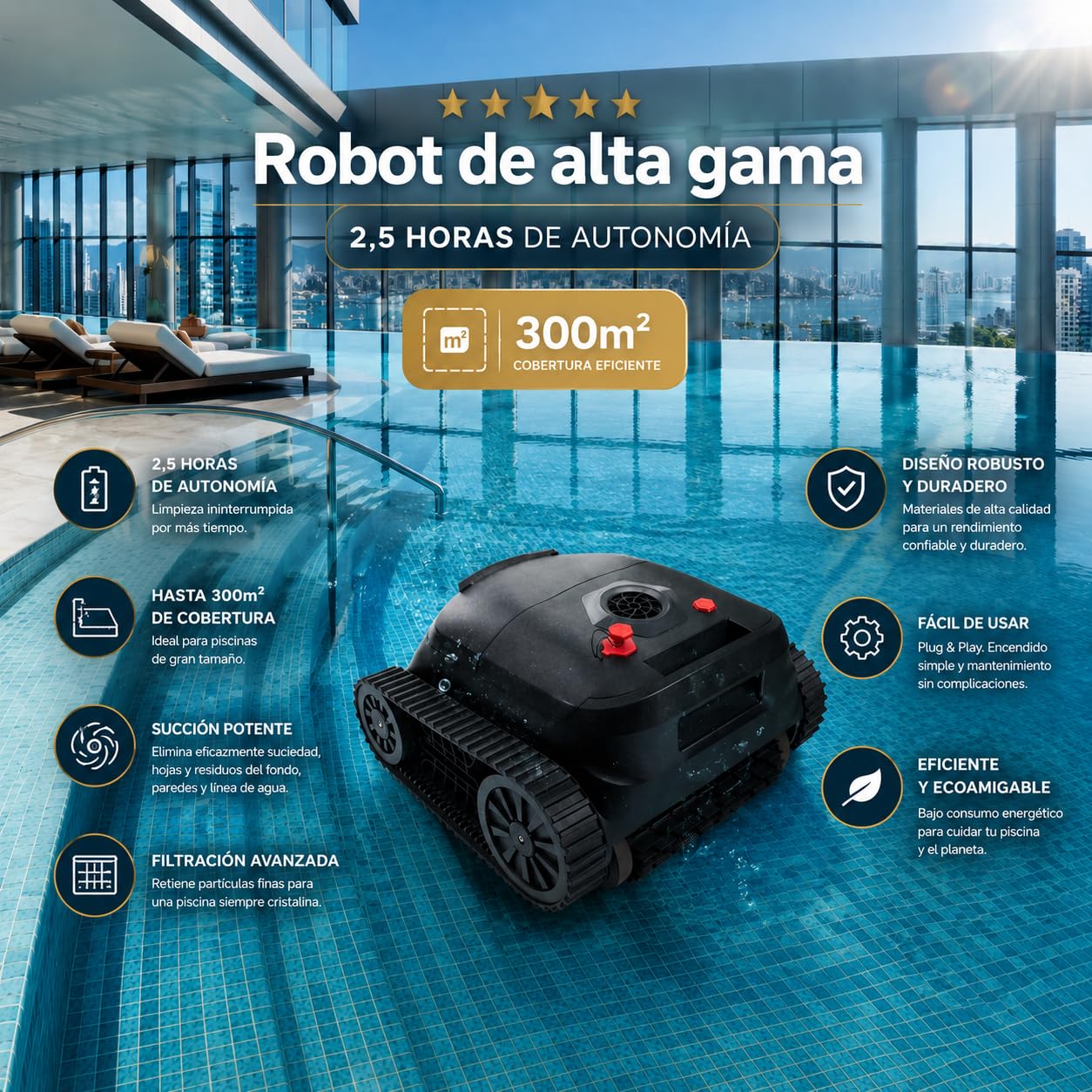 Robot Limpiafondos de Piscina Inalámbrico Automático, Limpieza de Suelo y Paredes, hasta 180 Minutos de Autonomía, Navegación Inteligente, para Piscinas Enterradas y Elevadas