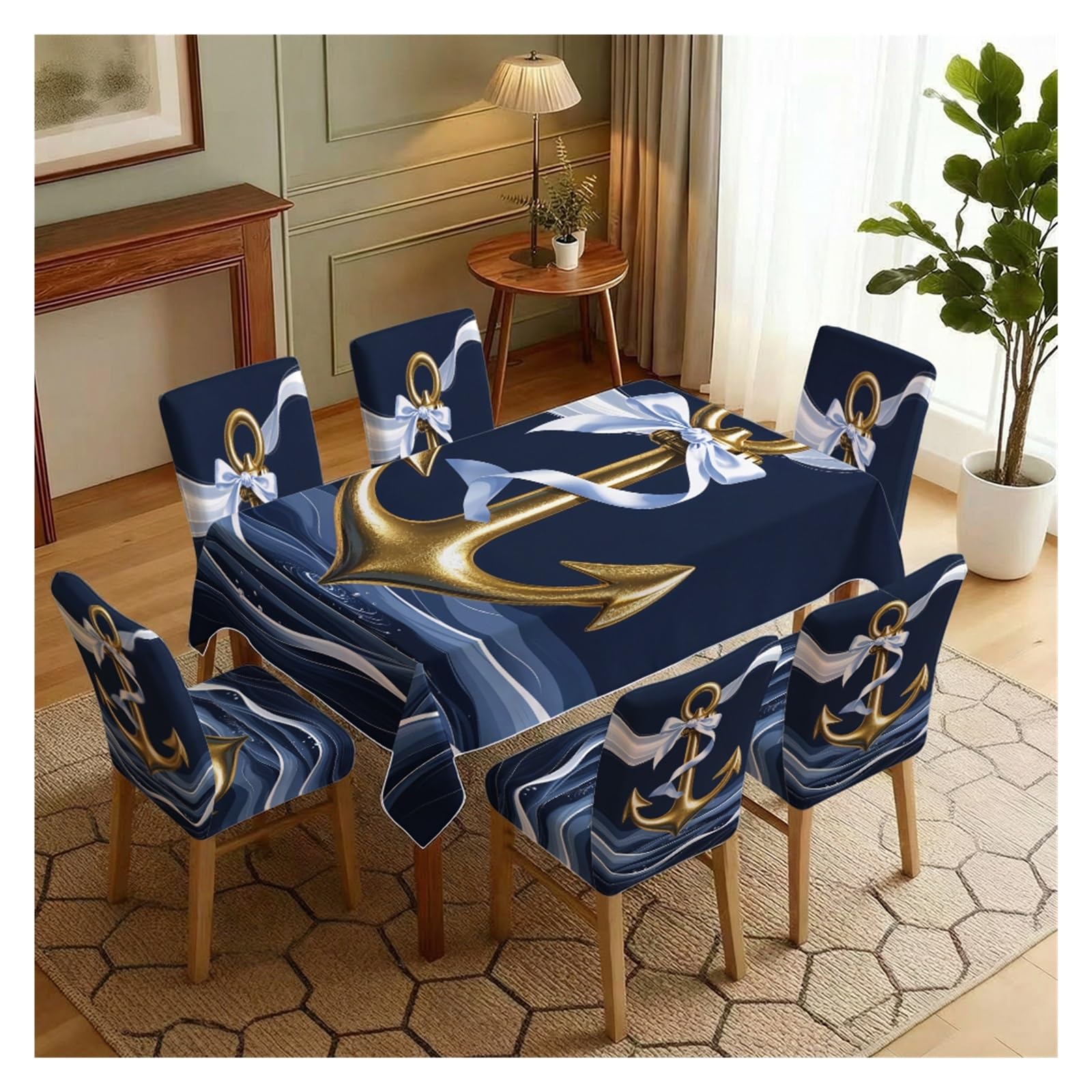 BOSUYBN Golden Anchor Bow Navy Wave Dining Chair Covers & Tablecloth Set, 5/7 Piece Classic Nautical Slipcovers For Preppy Coastal Home Decor Table Setting(7pcs Set: Tablecloth+Chair Covers)
