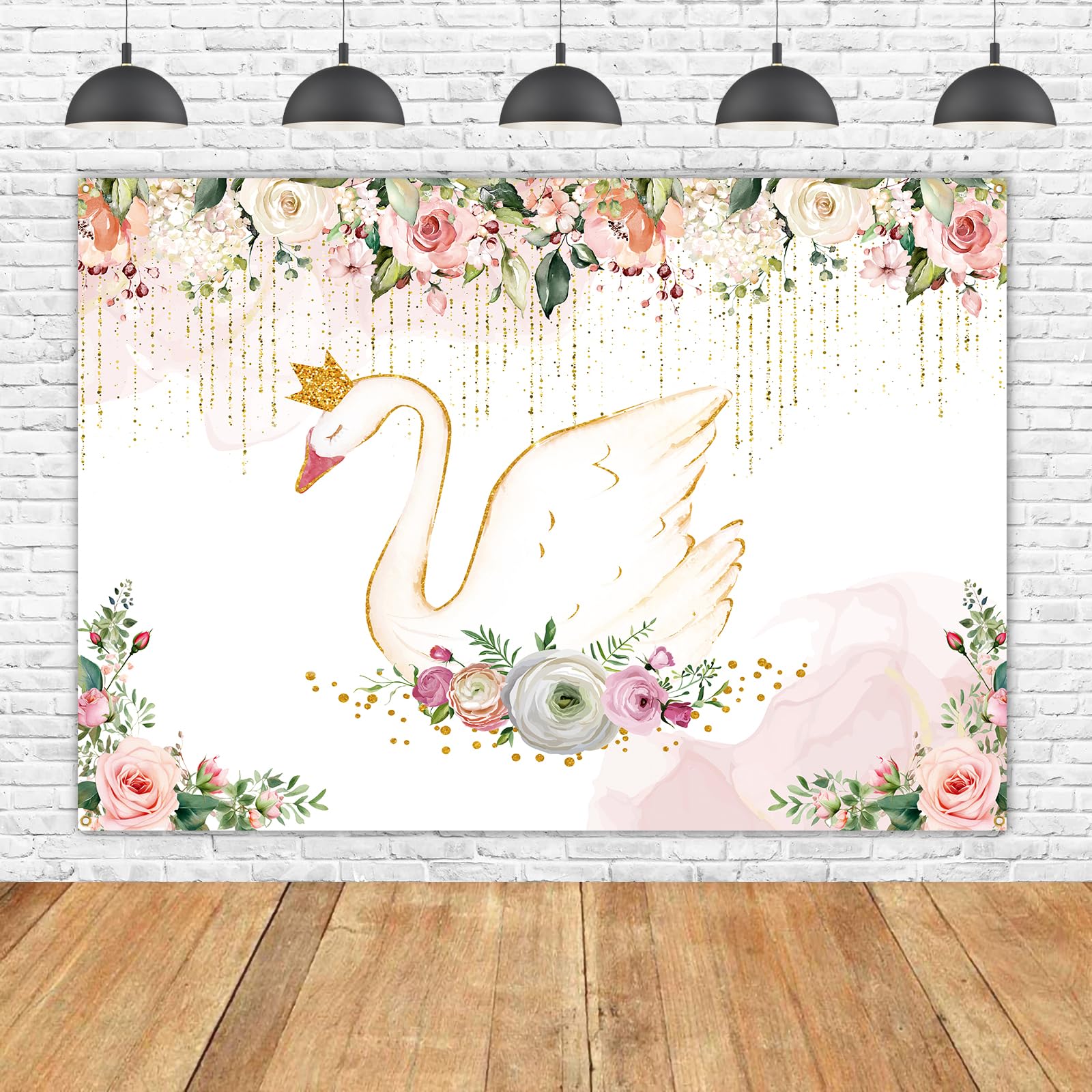 WHPCT White Swan Photography Backdrop for Birthday Baby Shower Party Decoration,Girl Baby Shower 1st Birthday Party Banner, Pink Floral Gold Crown