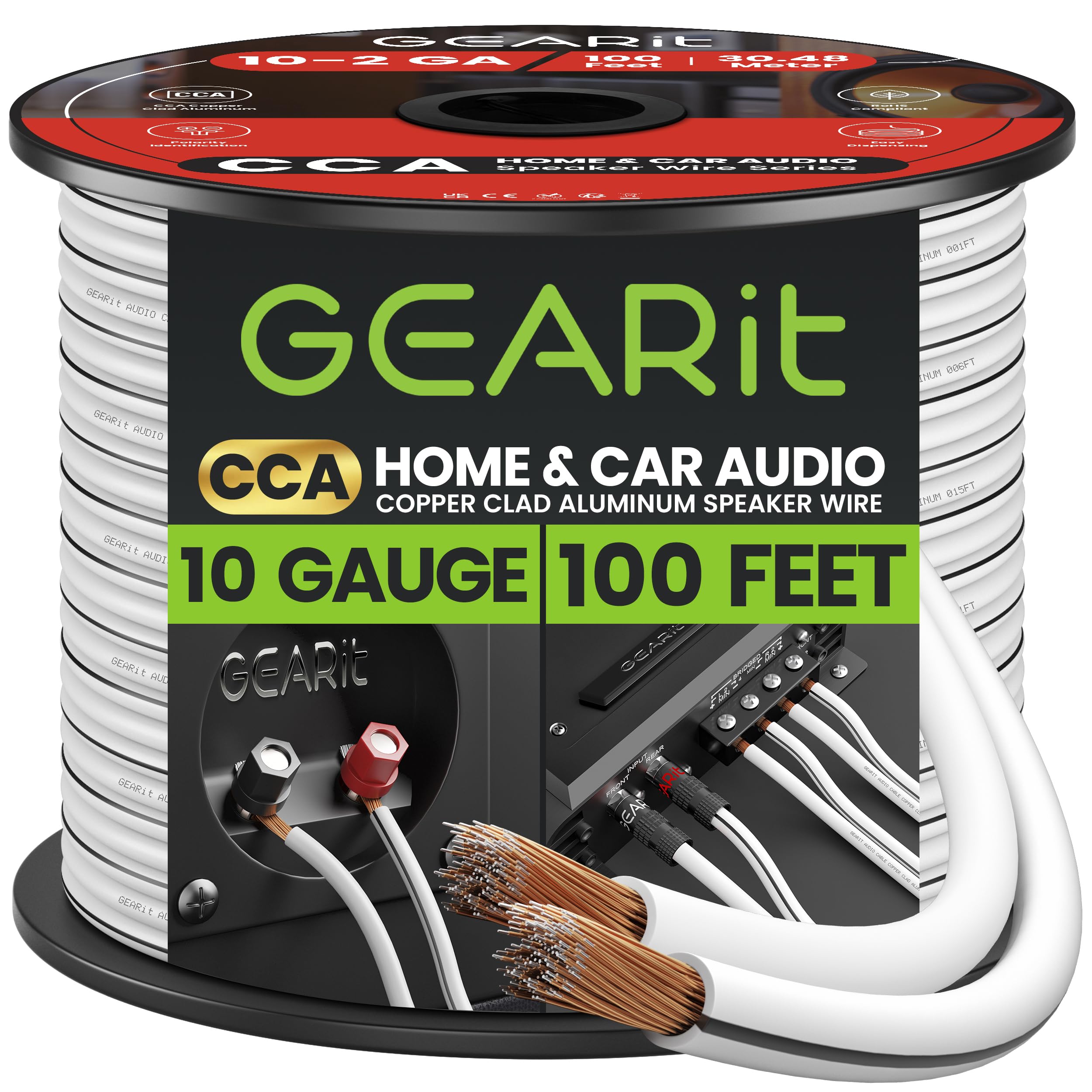GEARit10 Gauge Speaker Wire (100 Feet), Copper Clad Aluminum, CCA Thick Gauge Copper Wire for Stereo, Surround Sound, Home Theater, Radio (White, 100 Feet)