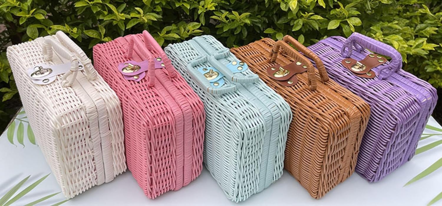 ピクニックバスケットバッグ 鍵収納ボックス付き ラタン おもちゃ収納 小物収納 ディスプレイ インテリア (ブルー,39.5*19*