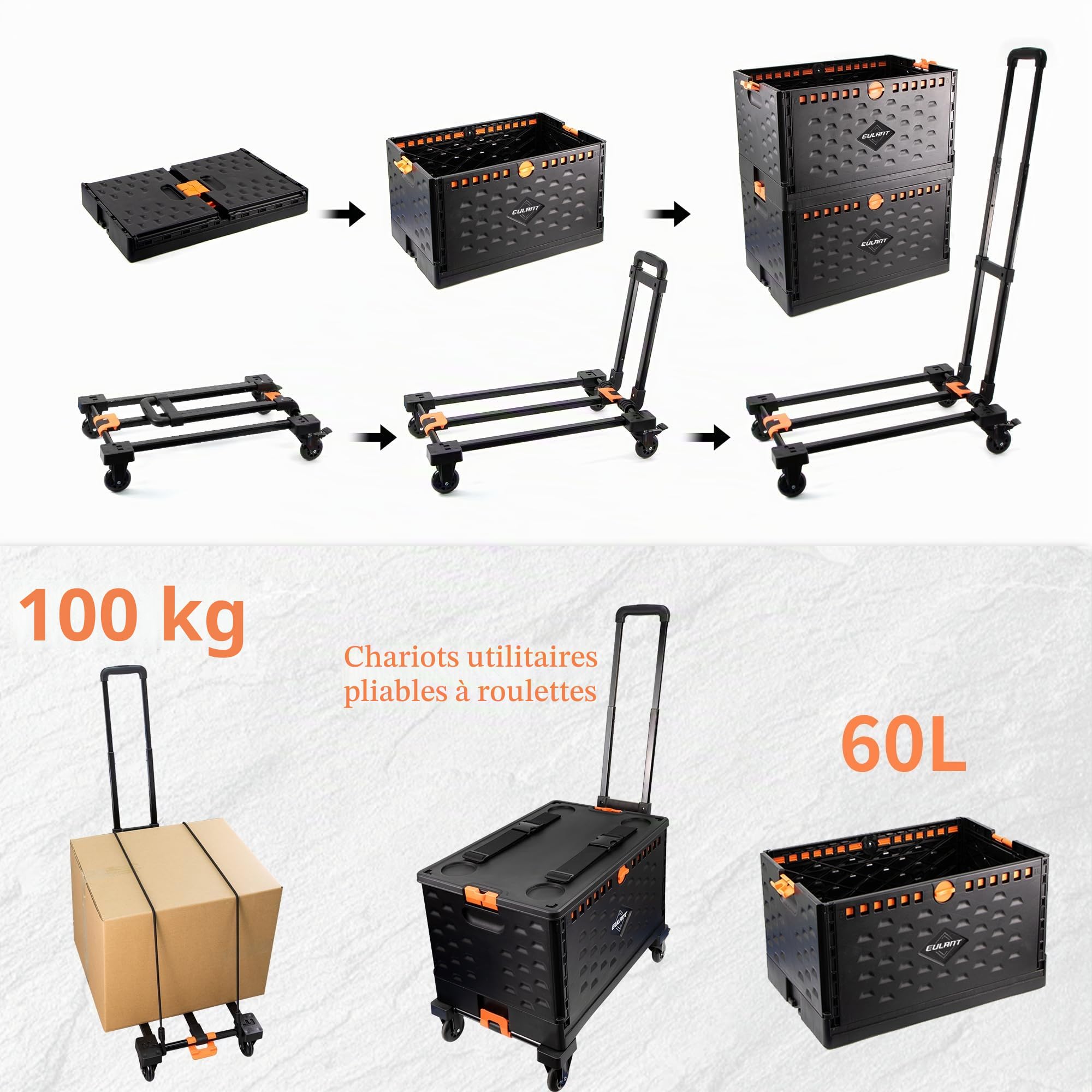 EULANT 2in1 Chariot à Main Pliable avec Boîte Pliante 60L et Couvercle,Chariot de Transport avec Roues Pivotantes à 360° et 2 Cordes Elastiques,Caisse sur Roues avec Poignée Ajustable et Frein