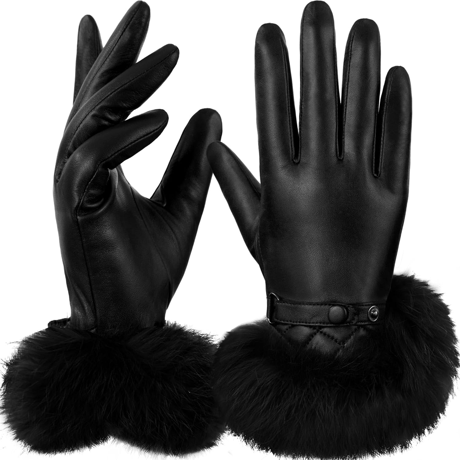 GSG Women Leather Gloves Luxury Rabbit Fur Cuff Winter Touchscreen Warm Driving Gloves