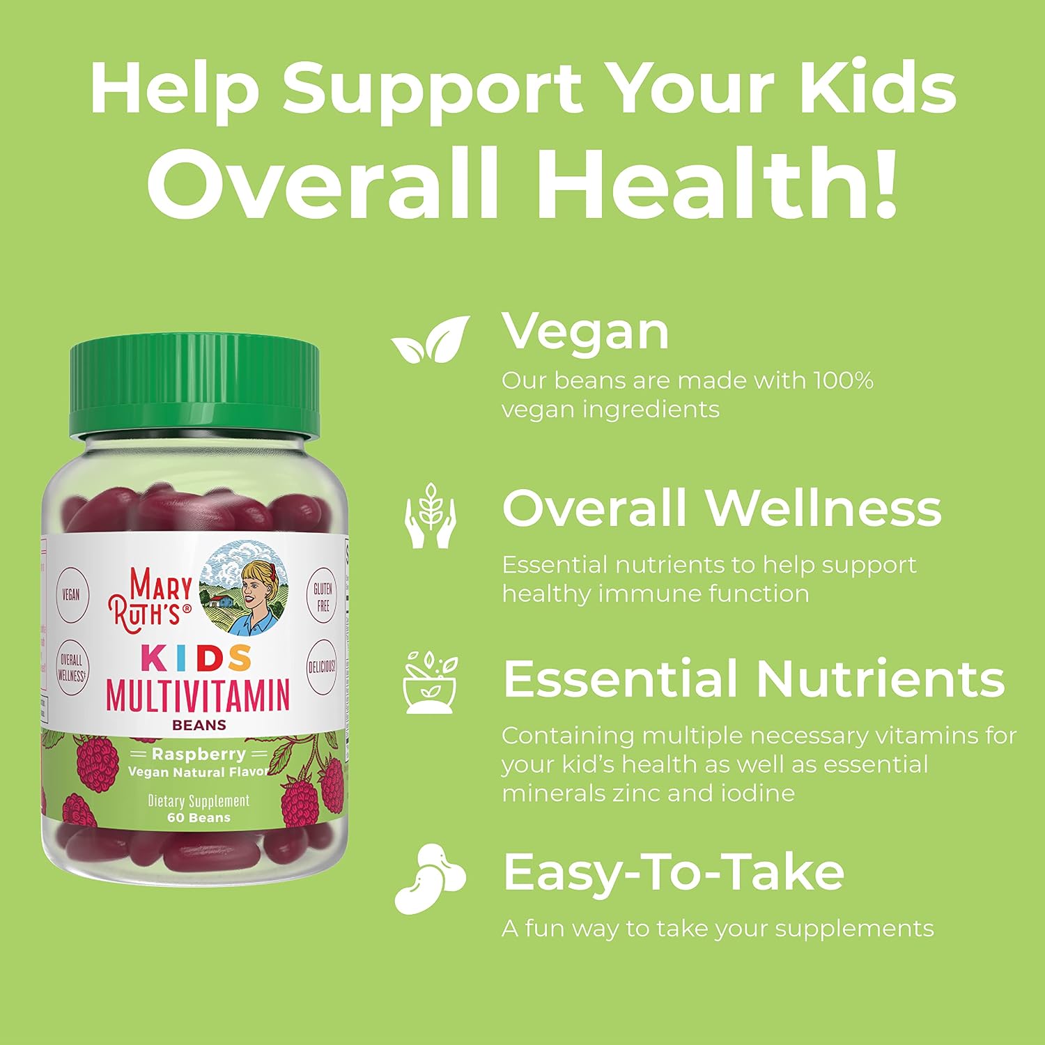 MaryRuth's Multivitamin Multimineral Vita-Beans for Kids | Vegan Chewable Vitamins for Ages 4+ | Immune Support, Bone Health | Raspberry Flavor | 60 Count