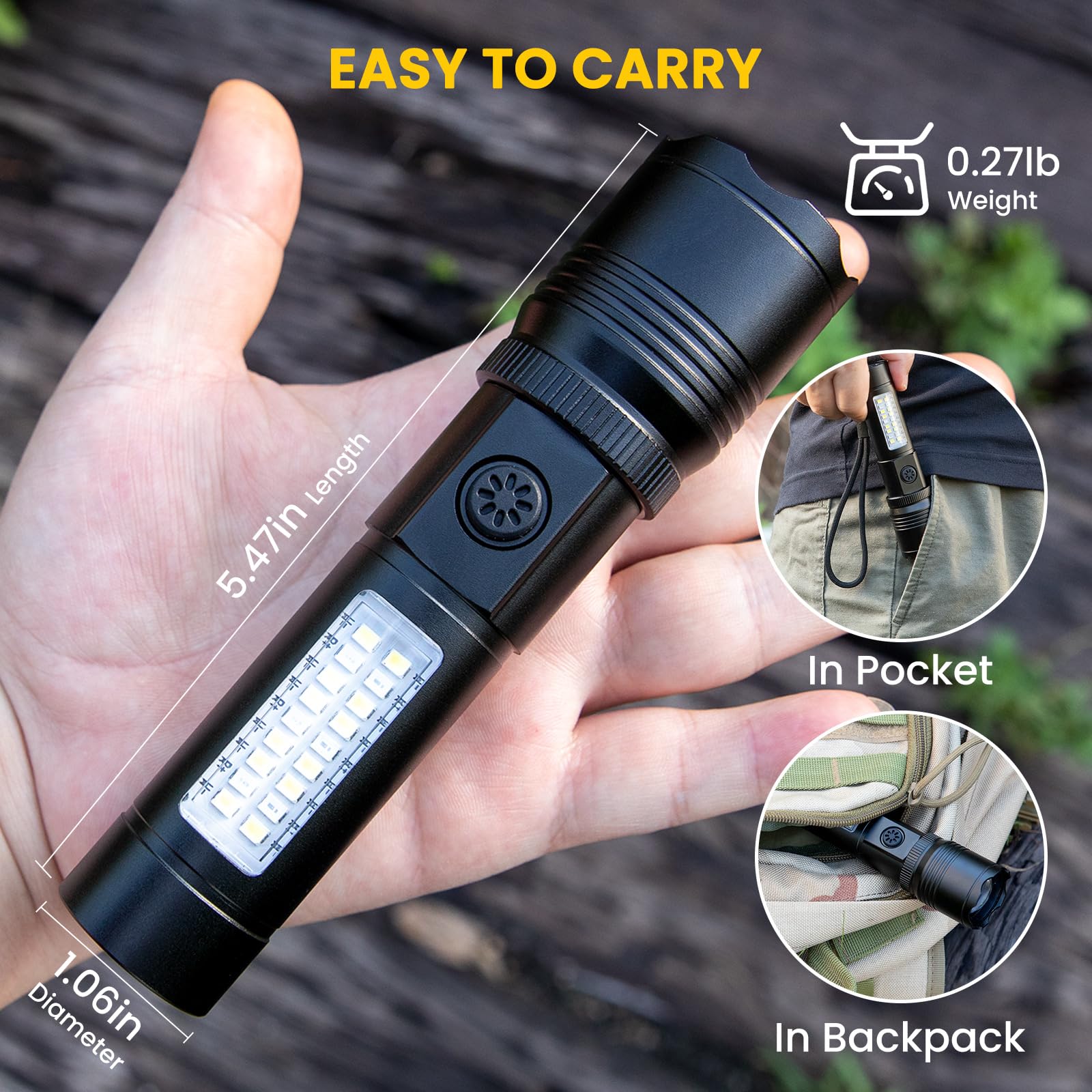 azamine Linternas recargables de alto lúmenes, 90000 lúmenes, luz de flash súper brillante con 6 modos, linterna LED de mano potente ajustable para acampar en casa