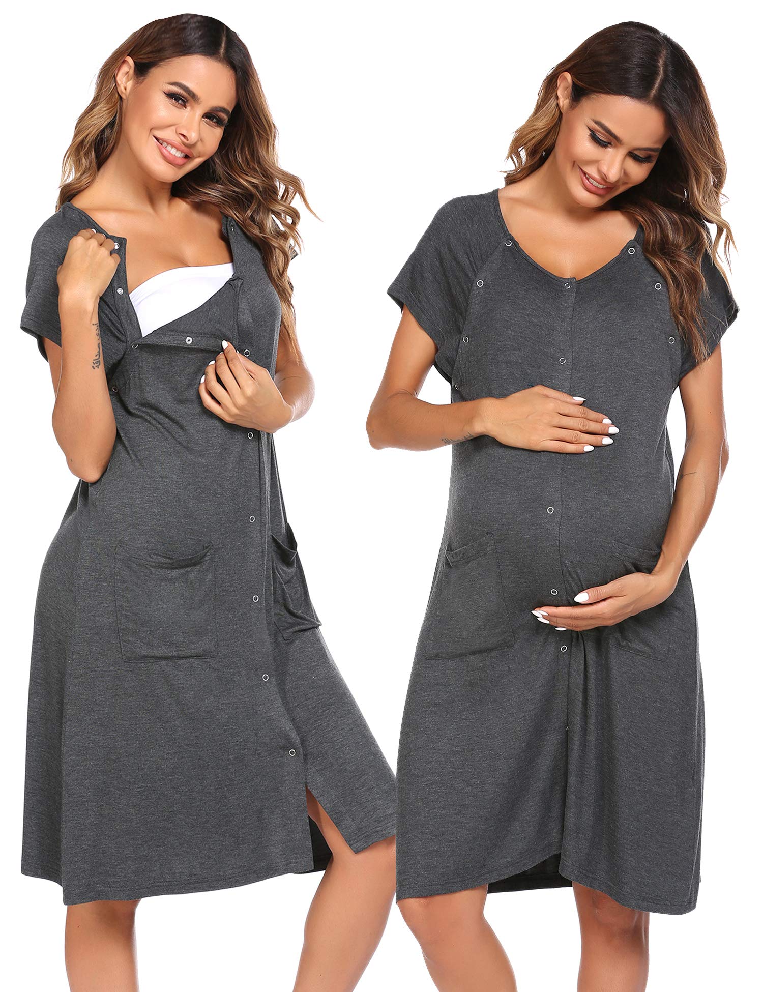 Ekouaer 3 in 1 Nursing Dress Maternity Nightgown Labor/Delivery Breastfeeding Birthing Gown with Button