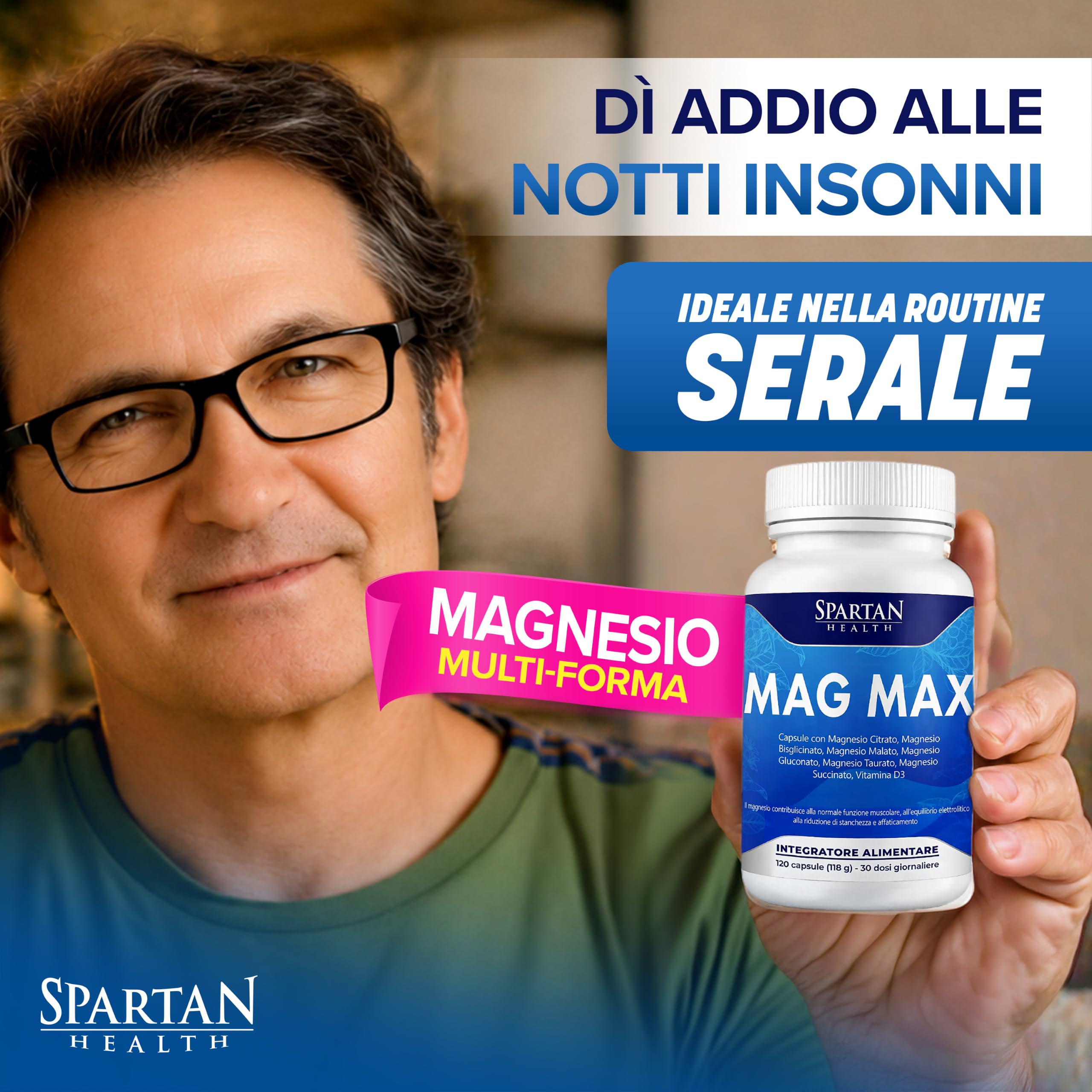Spartan Health – MagMax – Complesso di Magnesio 6-in-1 con Vitamina D – Magnesio per Dormire, Crampi e Stanchezza Fisica e Mentale – Integratore Magnesio Bisglicinato e Citrato – 120 Capsule