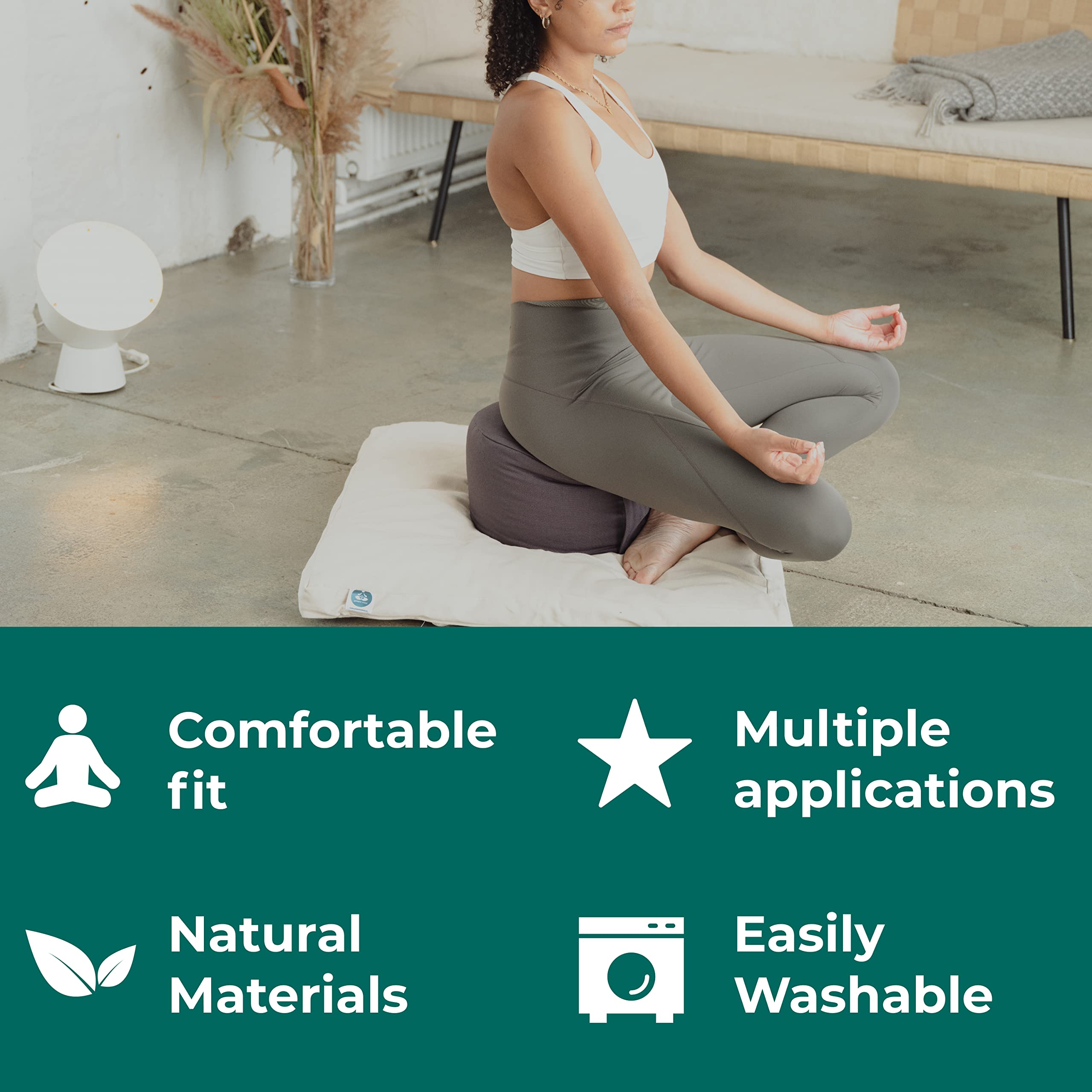 Present Mind (Zithoogte 15 cm) Zafu yogakussen smaragdgroen voor Yin Yoga van katoenen vulling - Yogablok 100% natuurlijk gemaakt in de EU, met wasbare overtrek