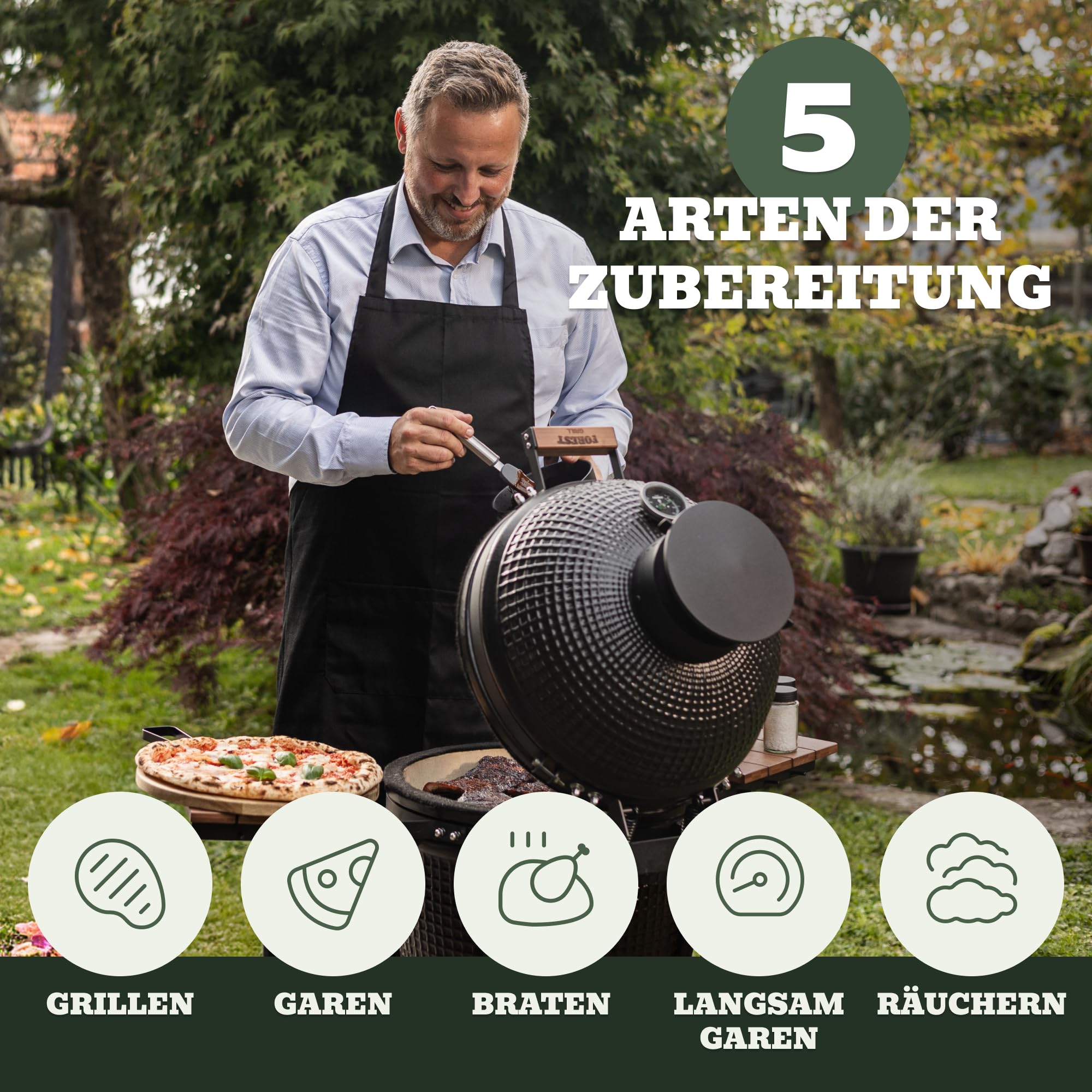 Kamado Forest Grill 16’’ M – Keramikgrill mit 2,8 cm starker Keramik, Edelstahl-Grillrost Ø 34 cm (4 mm), mobiler Edelstahlwagen mit 4 Rollen und geschütztem Kamin