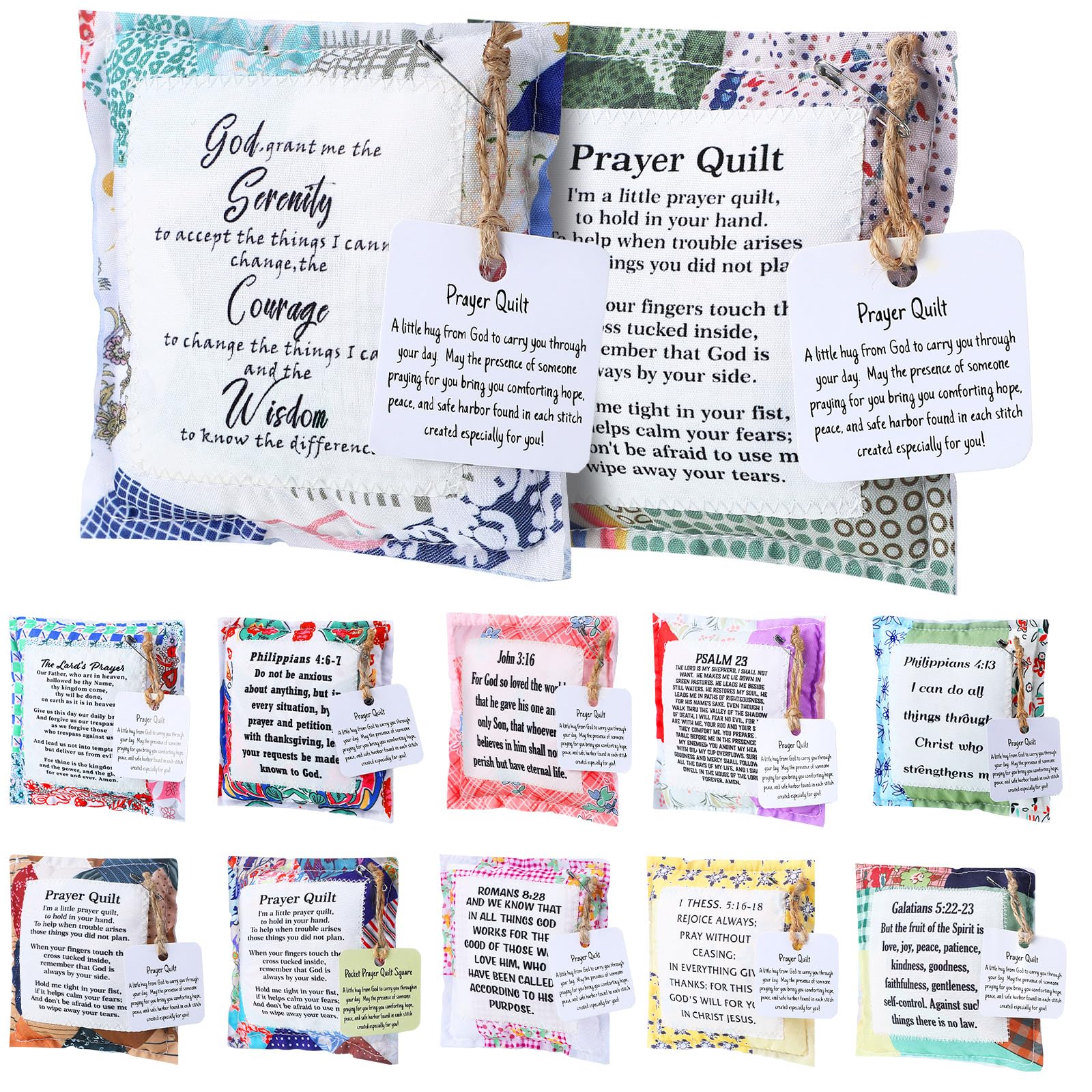 Fanfanwin 12 Pcs Mini Prayer Quilt with Cross Inside, Christian Vintage Pocket Scripture Prayer Quilt Squares Sympathy Gifts for Women Clergy Pastor