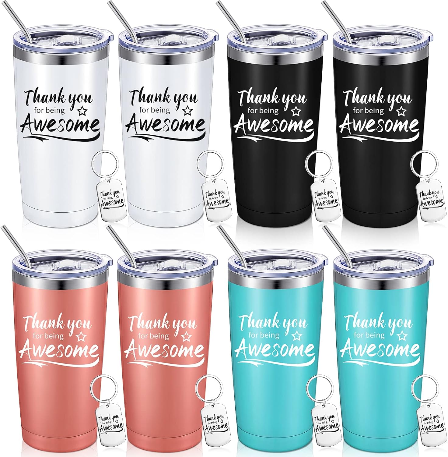 Sieral 16 Pieces Thank You for Being Awesome Tumbler, Thank You Supplies for Women Men 20oz Insulated Stainless Steel Travel Tumbler with Lid and Straw Appreciation Gift with Keychain (Classic Color)