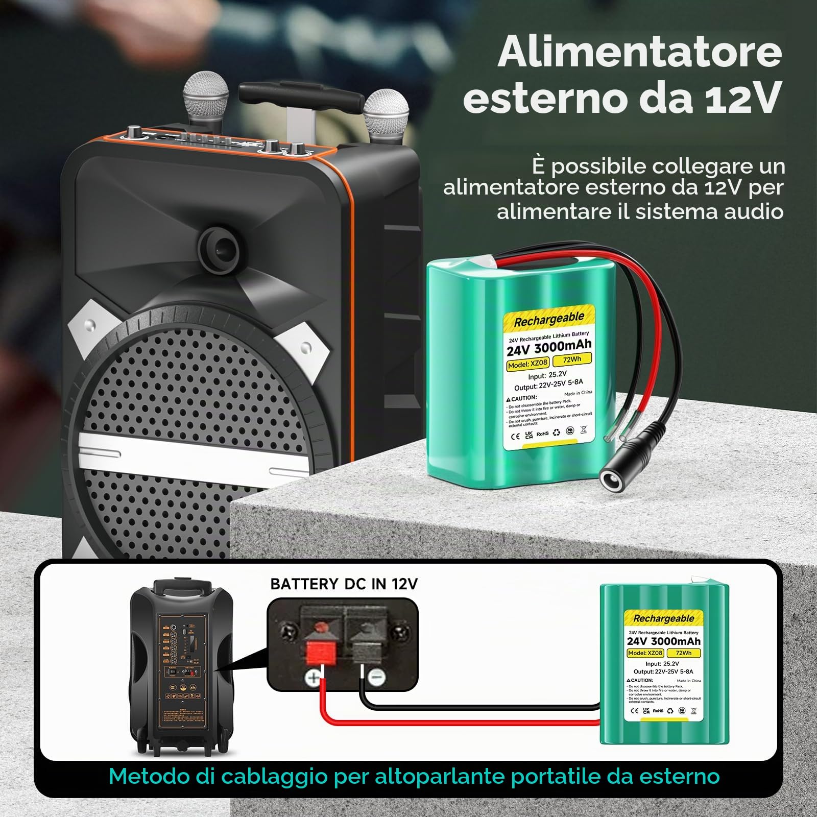Batteria 24V Batteria litio 3000mAh, con caricabatterie, adattatore e cavo collegamento, per striscia LED 24V, pannello solare, DIY Lampada, Barca Giocattolo