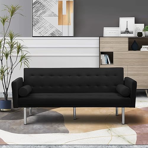 LCH Cama de 685 pulgadas moderno sofá plegable convertible de terciopelo sofá tapizado de tamaño individual con brazo 2 almohadas diseño de espalda