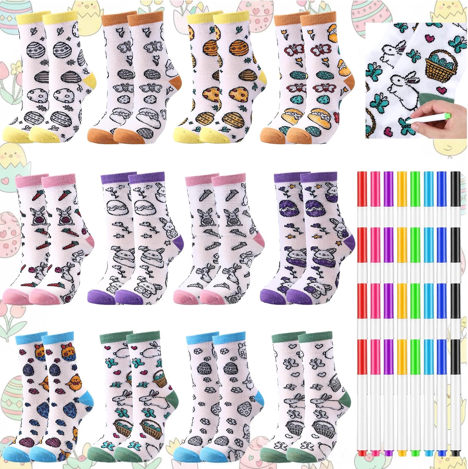 12 Pairs Doodle Socks Color Your Own Socks DIY Drawing Craft Arts with 48 Pcs Markers