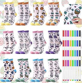 12 Pairs Doodle Socks Color Your Own Socks DIY Drawing Craft Arts with 48 Pcs Markers