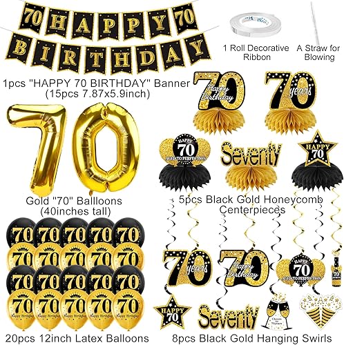 Miniatura 2 de Kit de 36 decoraciones de cumpleaños número 70 para hombres y mujeres, pancarta de feliz cumpleaños número 70, globo de panal de abeja, suministros